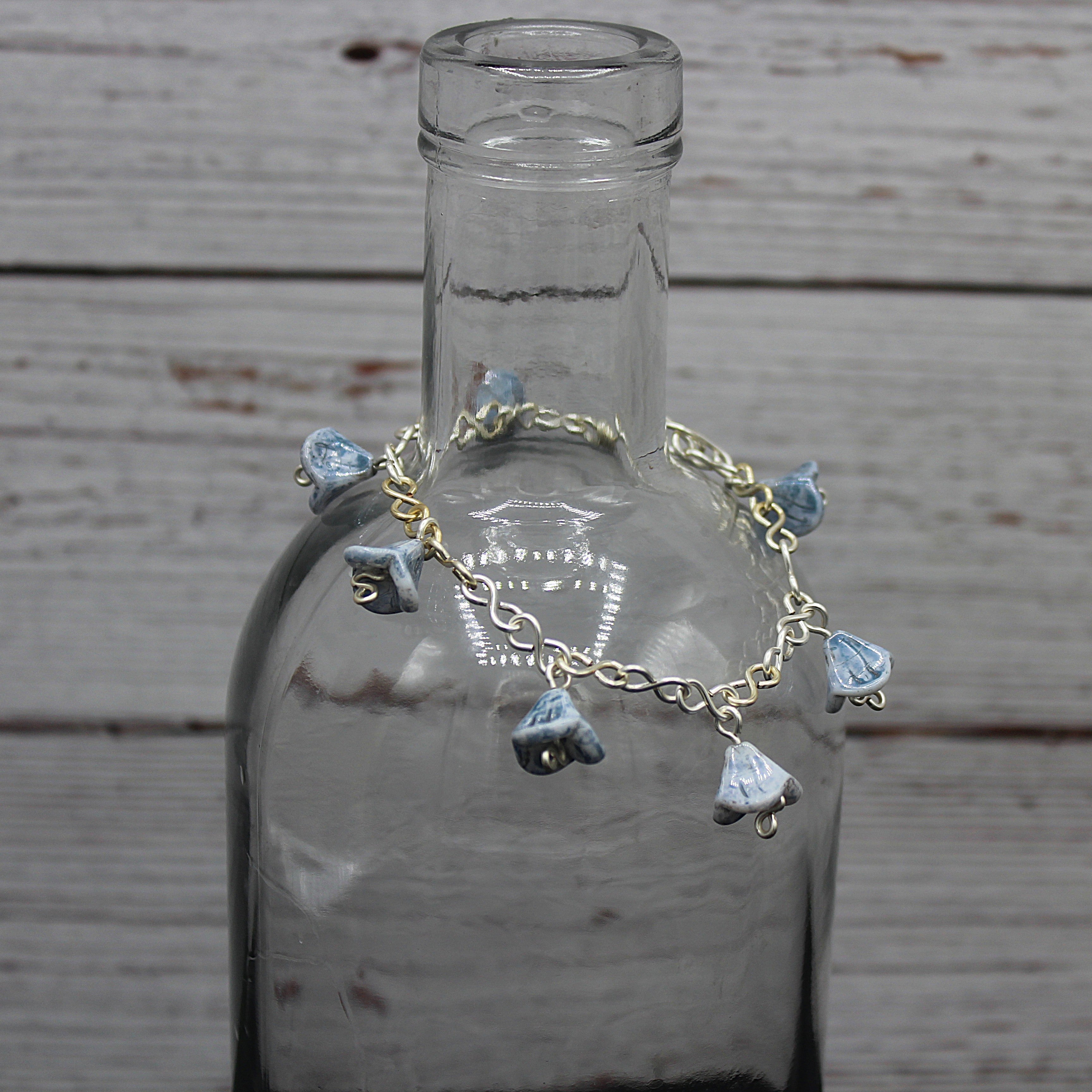 Handcrafted Blue Czech Glass Bell Flower Bracelet in Silver Plated Wire, 7.00"