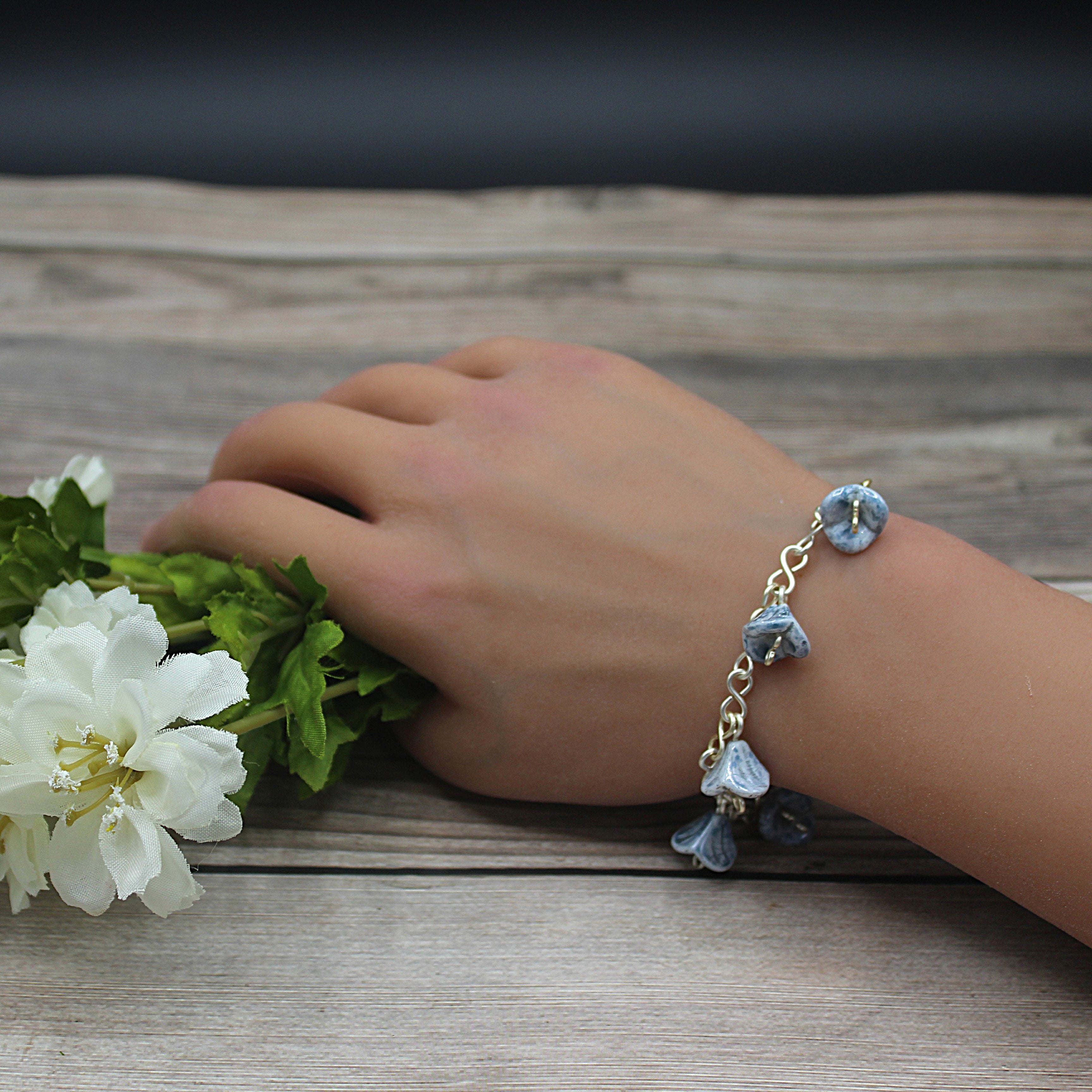 Handcrafted Blue Czech Glass Bell Flower Bracelet in Silver Plated Wire, 7.00"