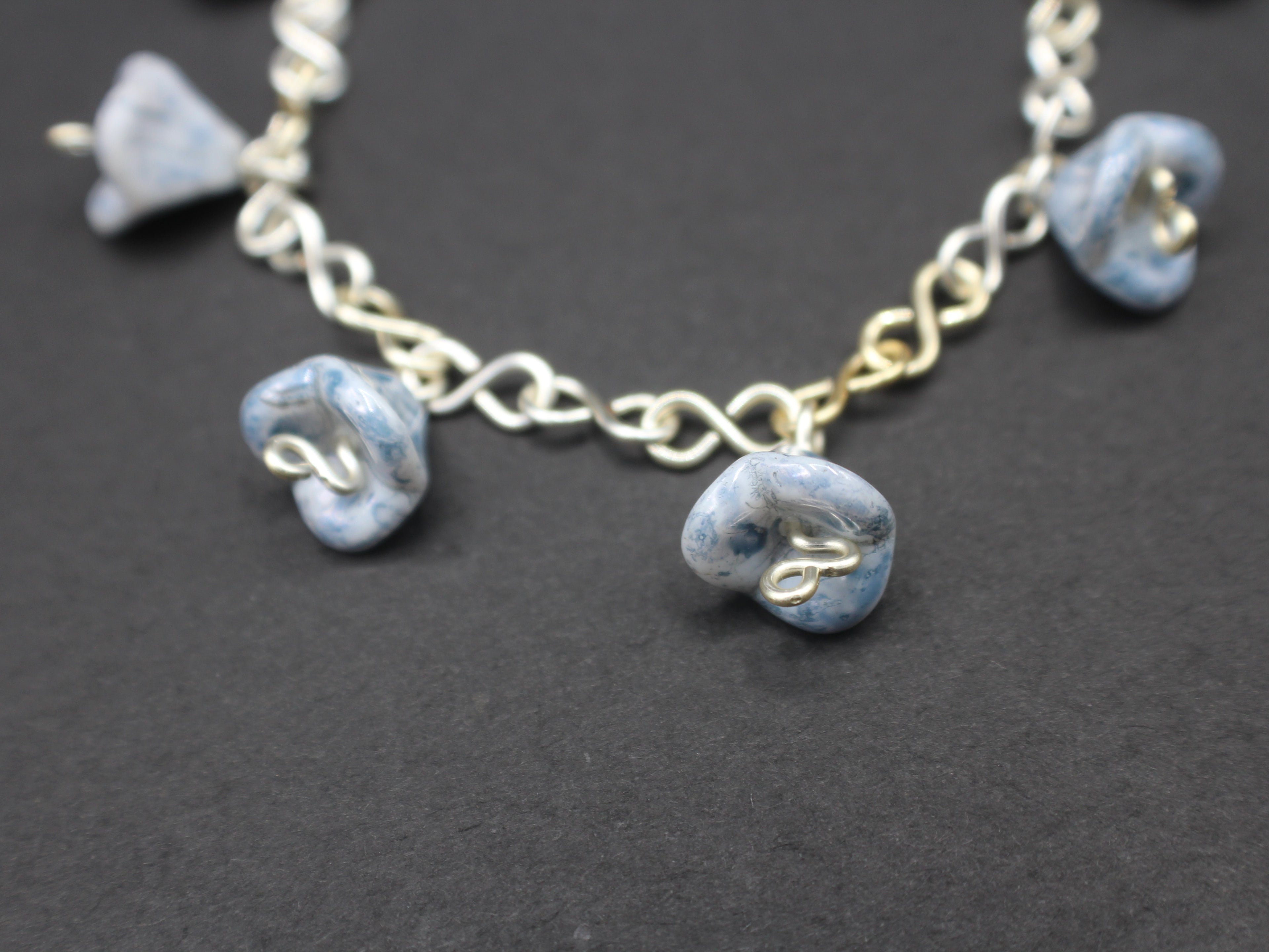 Handcrafted Blue Czech Glass Bell Flower Bracelet in Silver Plated Wire, 7.00"