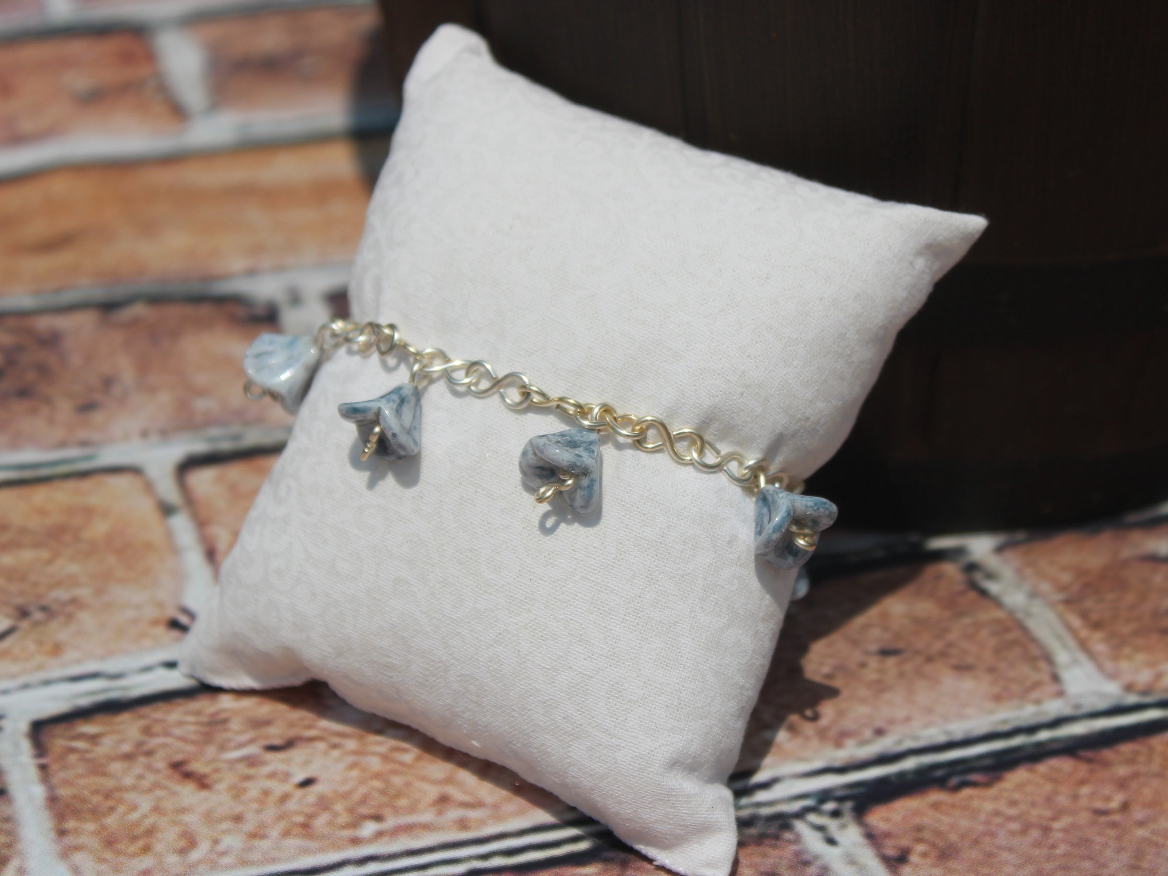 Handcrafted Blue Czech Glass Bell Flower Bracelet in Silver Plated Wire, 7.00"