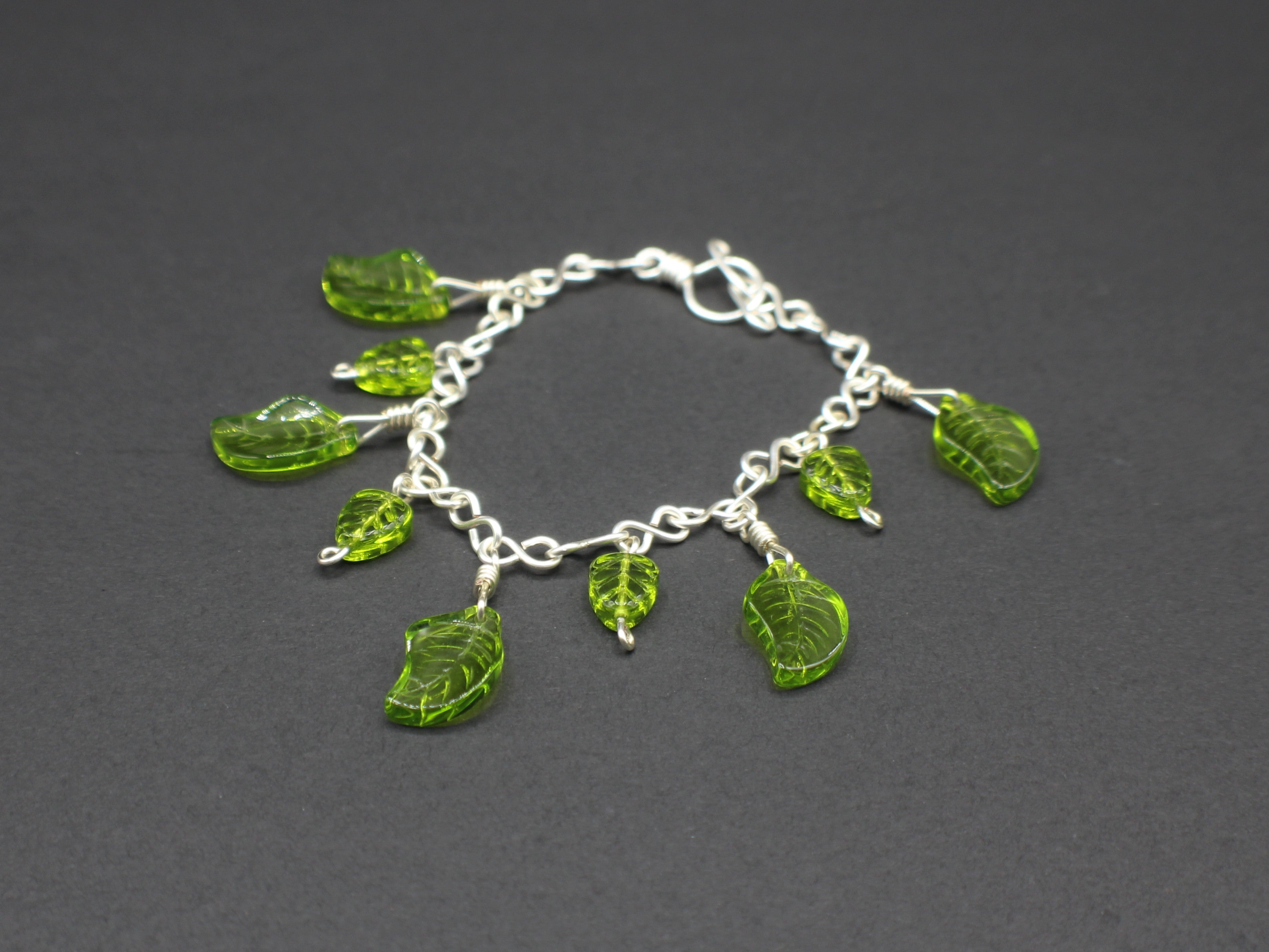 Handcrafted Green Czech Glass Leaf Bracelet in Silver Plated Wire 7.00"