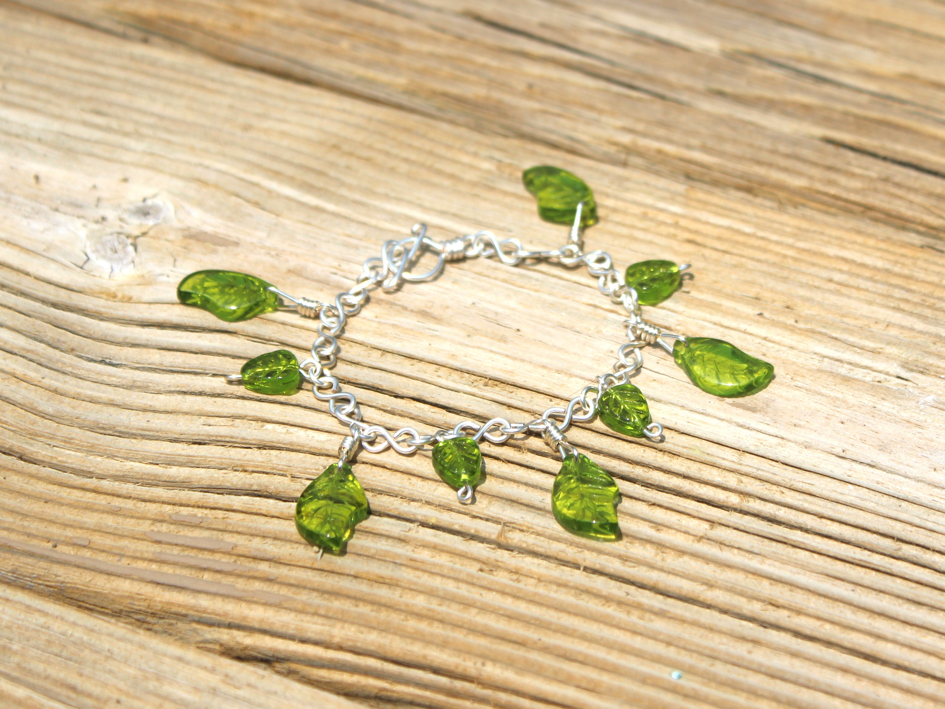 Handcrafted Green Czech Glass Leaf Bracelet in Silver Plated Wire 7.00"