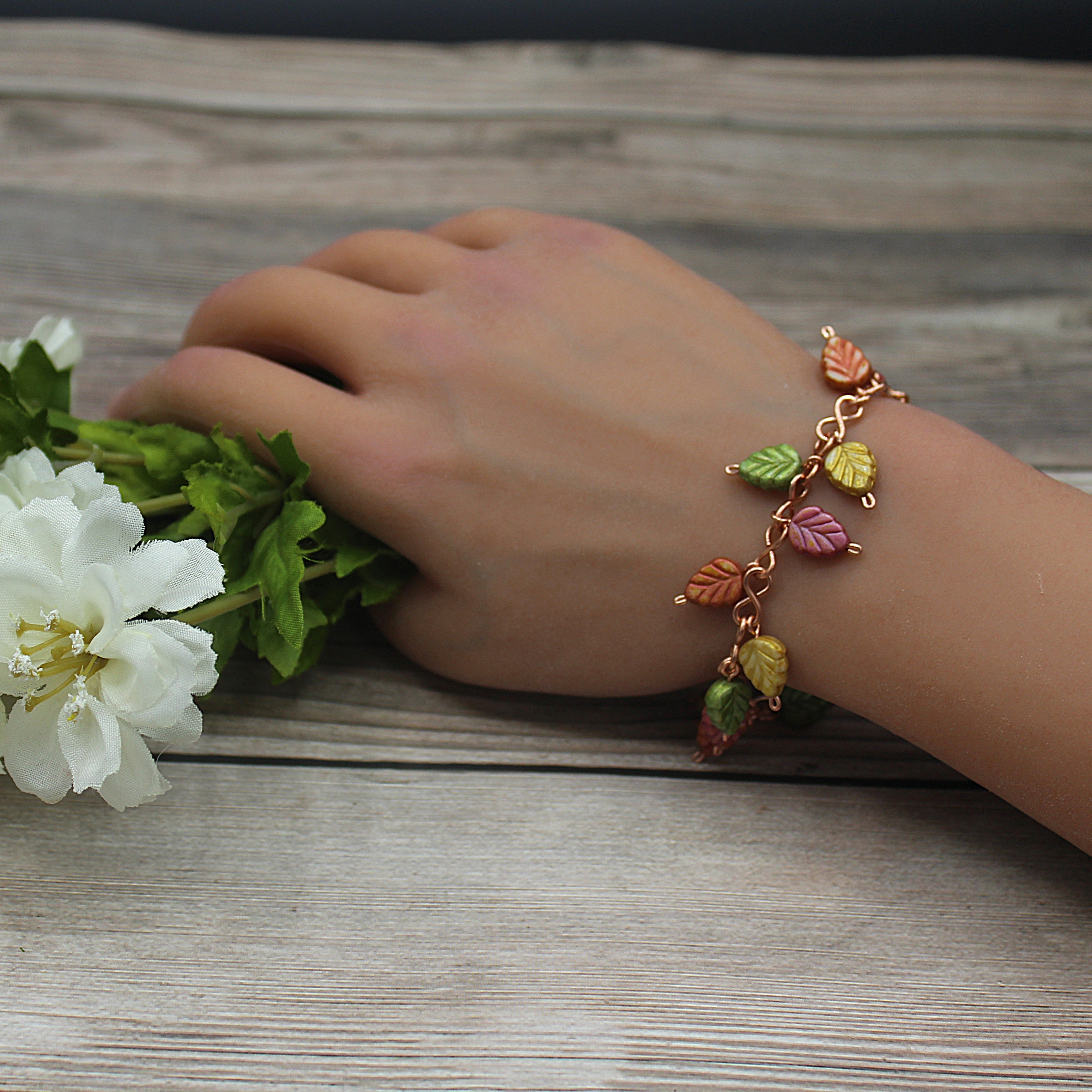 Handcrafted Copper Leaf Bracelet with Glass Beads, 6.75"