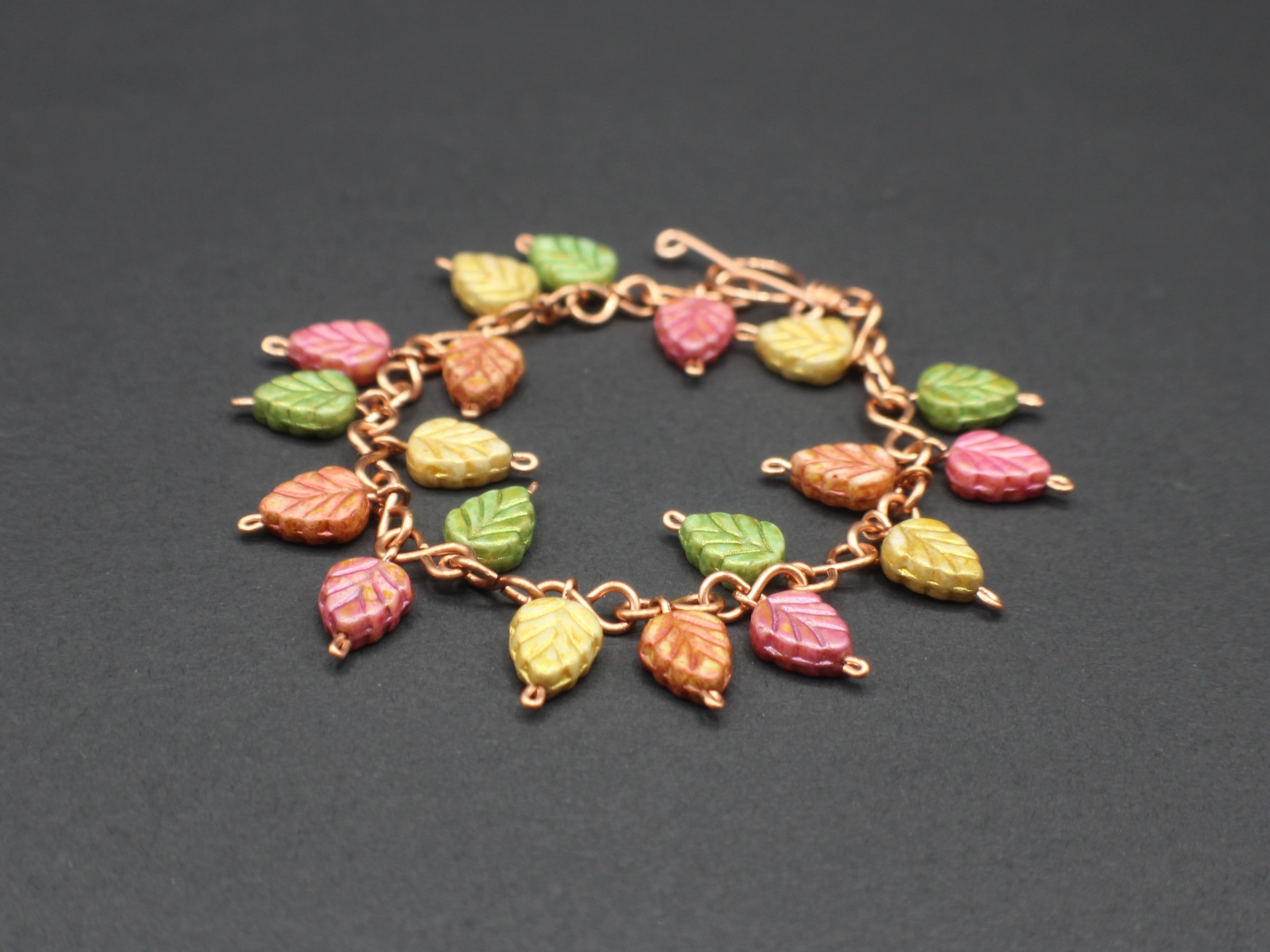 Handcrafted Copper Leaf Bracelet with Glass Beads, 6.75"