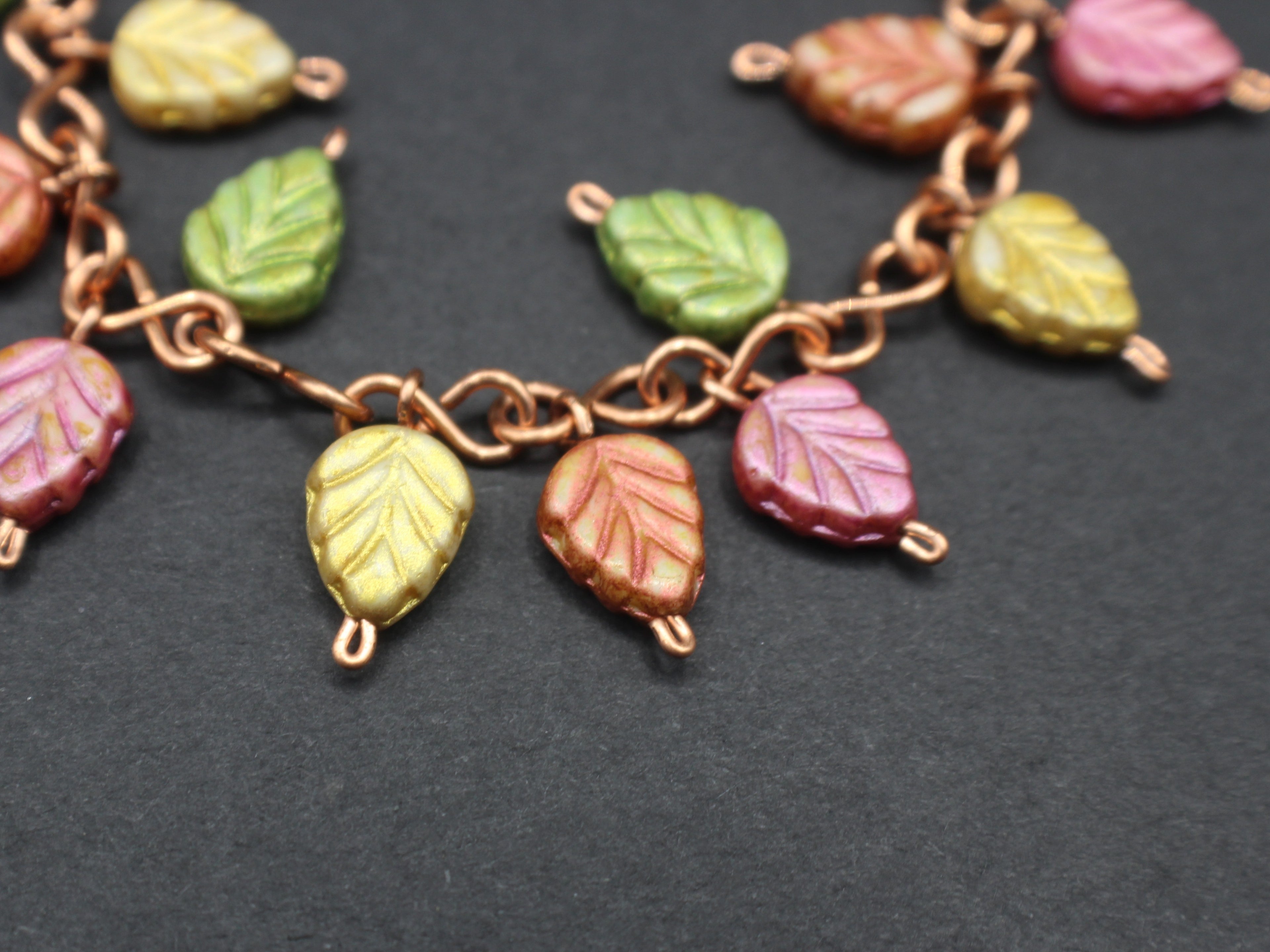 Handcrafted Copper Leaf Bracelet with Glass Beads, 6.75"