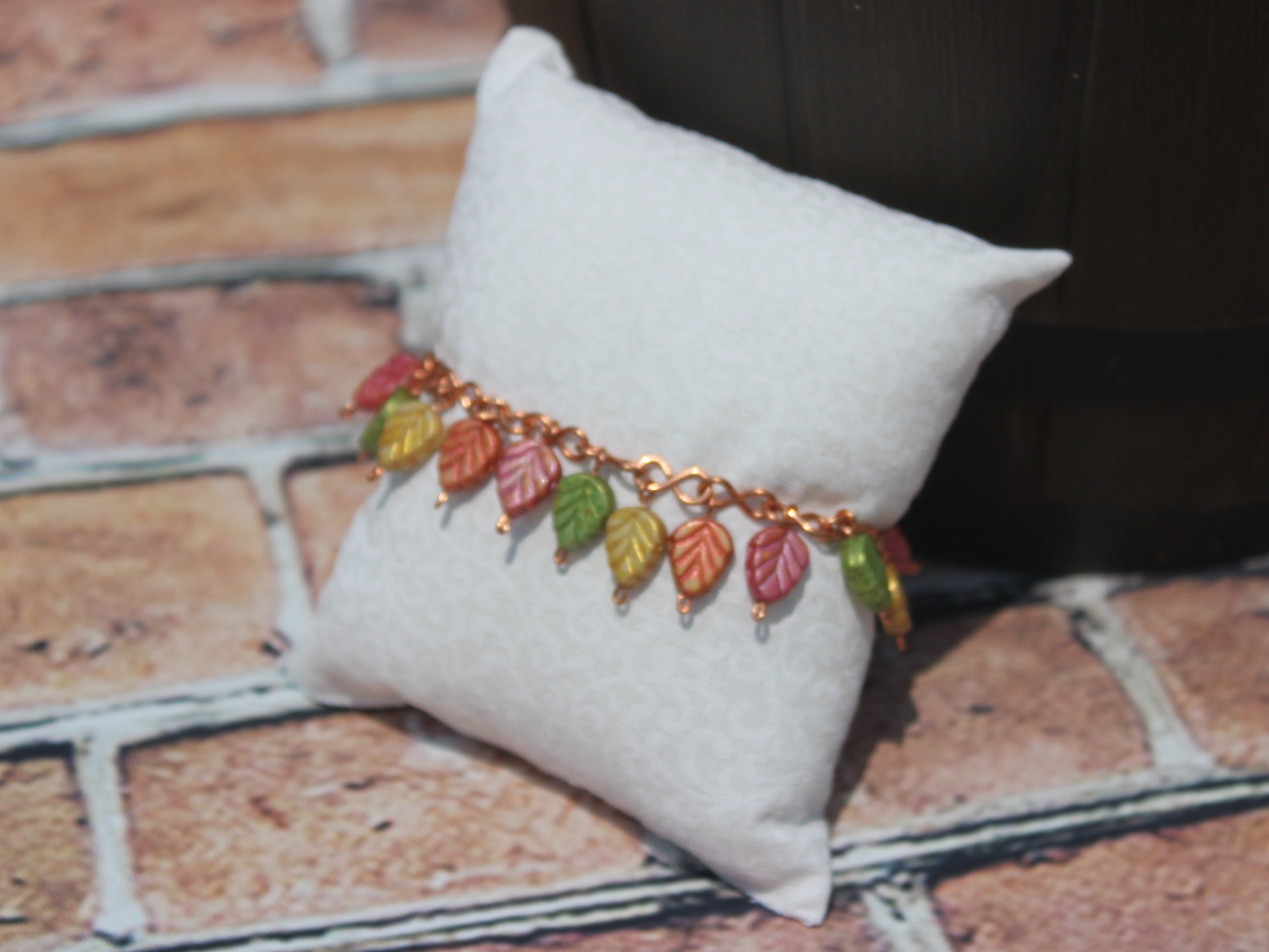 Handcrafted Copper Leaf Bracelet with Glass Beads, 6.75"