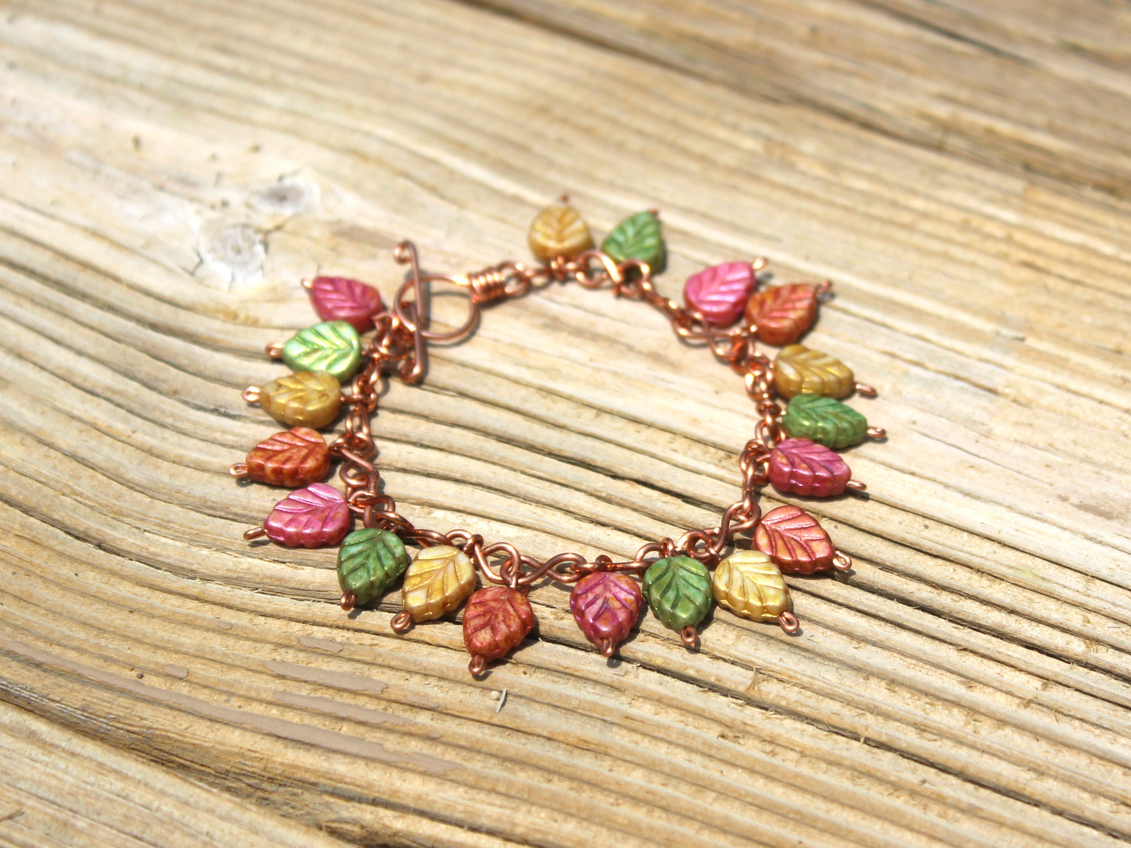 Handcrafted Copper Leaf Bracelet with Glass Beads, 6.75"