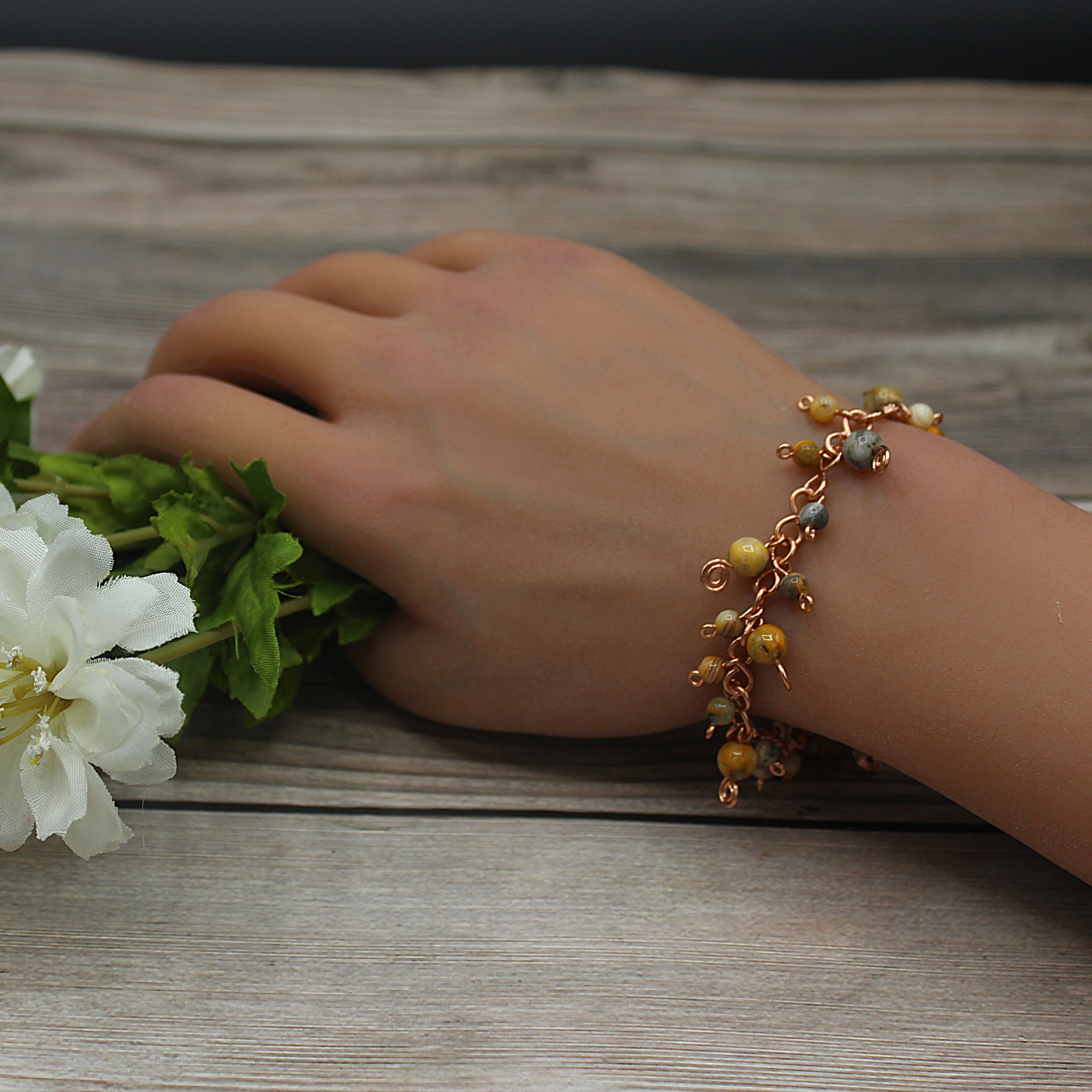 Handcrafted Crazy Lace Agate Bracelet in Pure Copper, 6.75"
