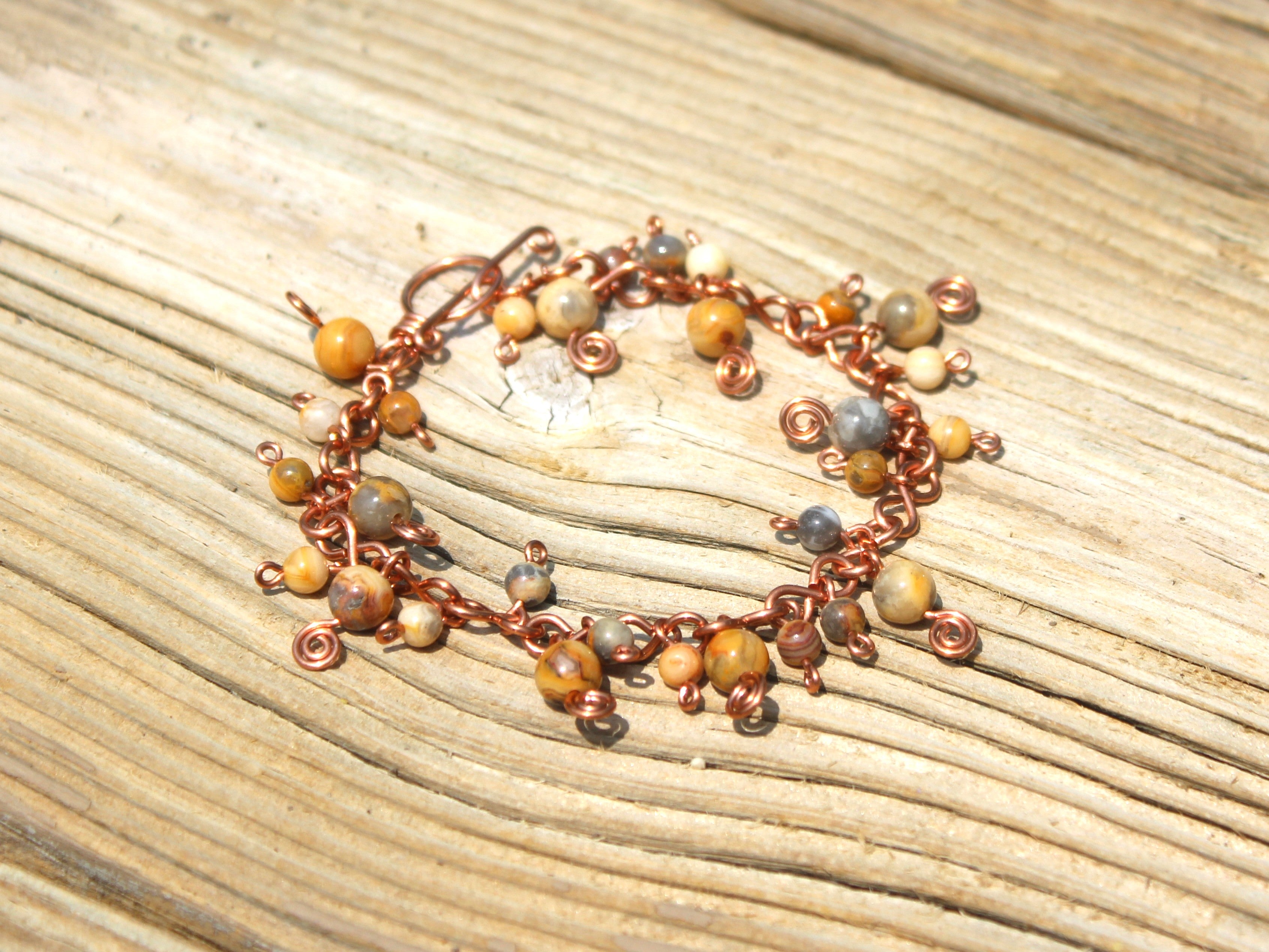 Handcrafted Crazy Lace Agate Bracelet in Pure Copper, 6.75"