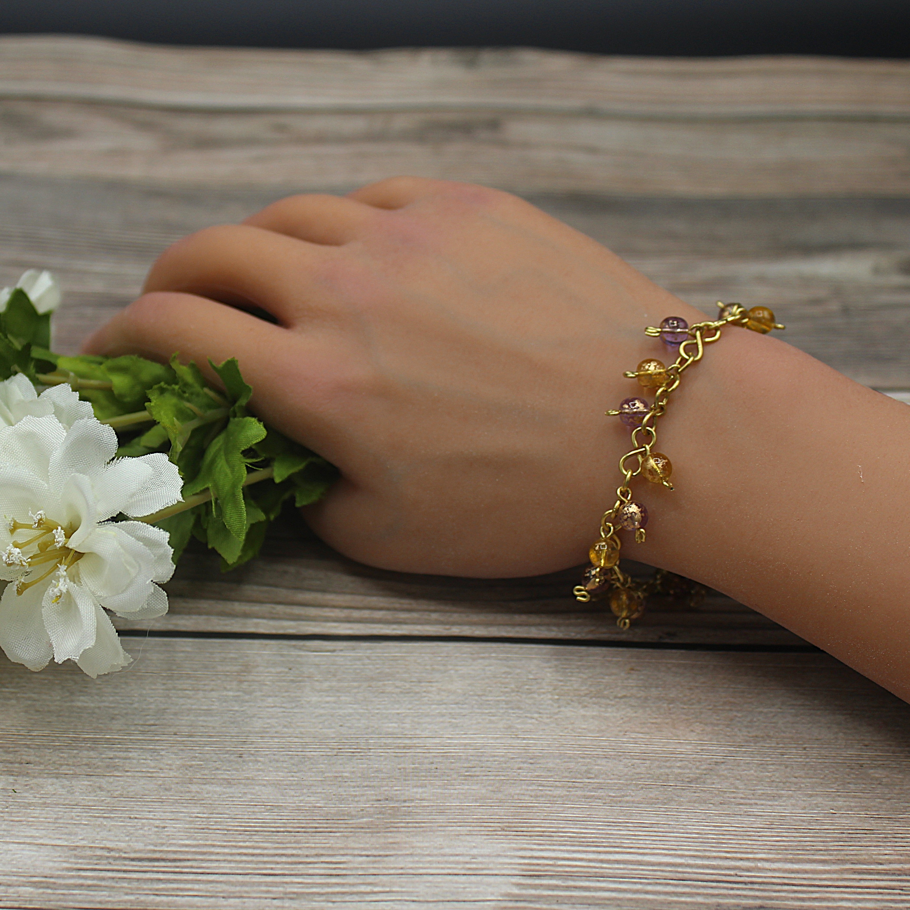 Handcrafted Brass Wire Bracelet with Glass Beads, 7.00"