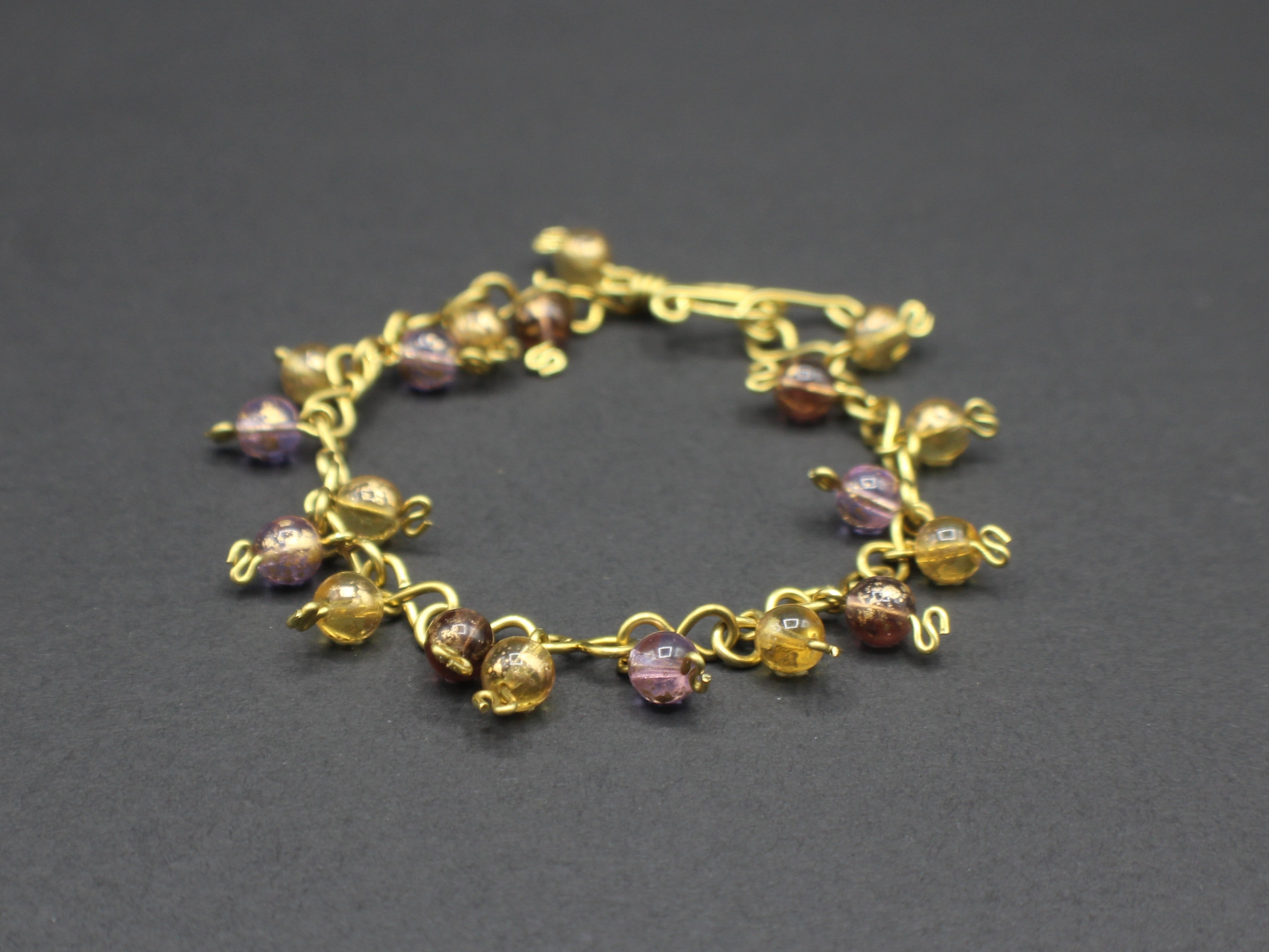 Handcrafted Brass Wire Bracelet with Glass Beads, 7.00"