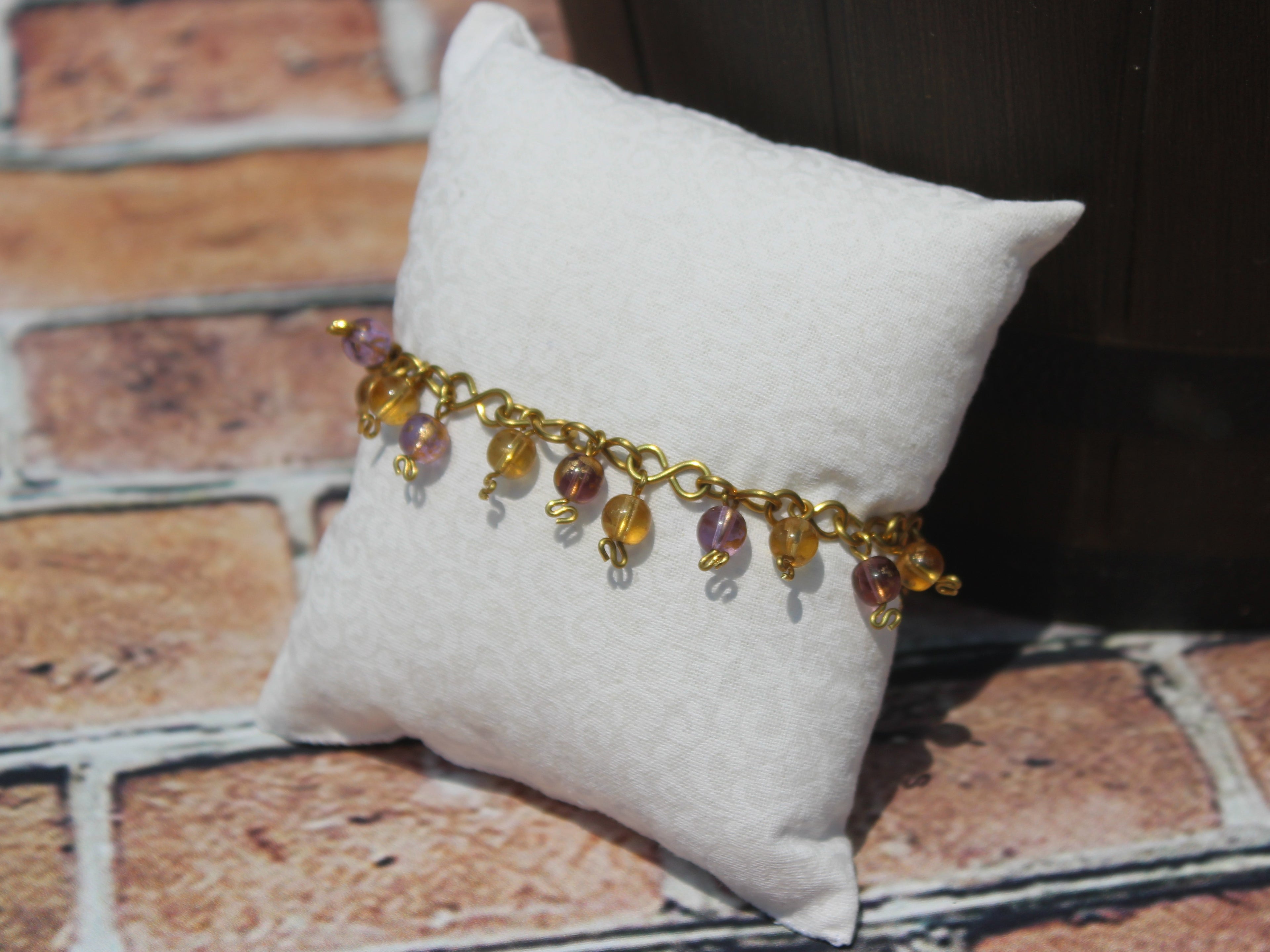Handcrafted Brass Wire Bracelet with Glass Beads, 7.00"