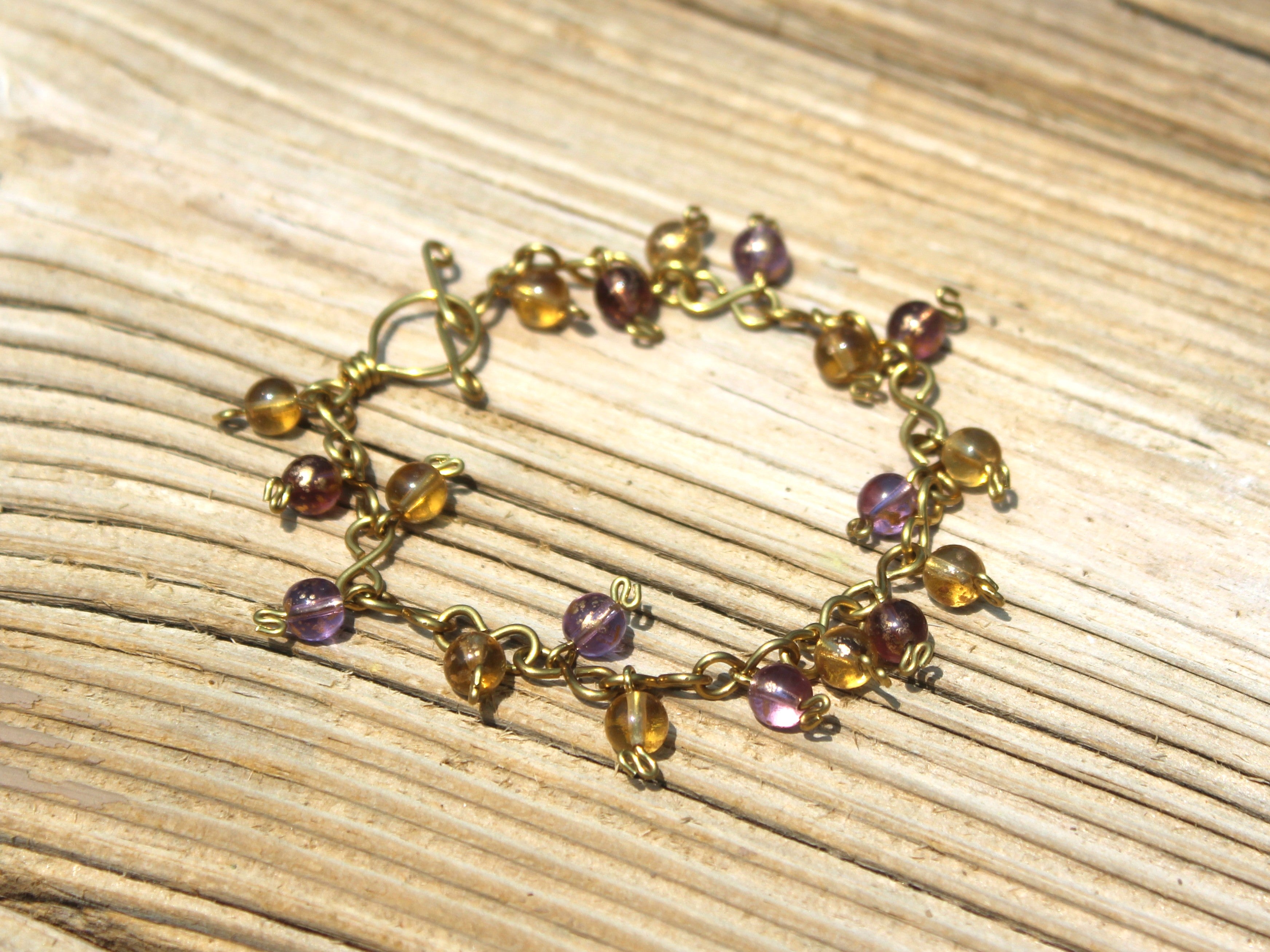 Handcrafted Brass Wire Bracelet with Glass Beads, 7.00"