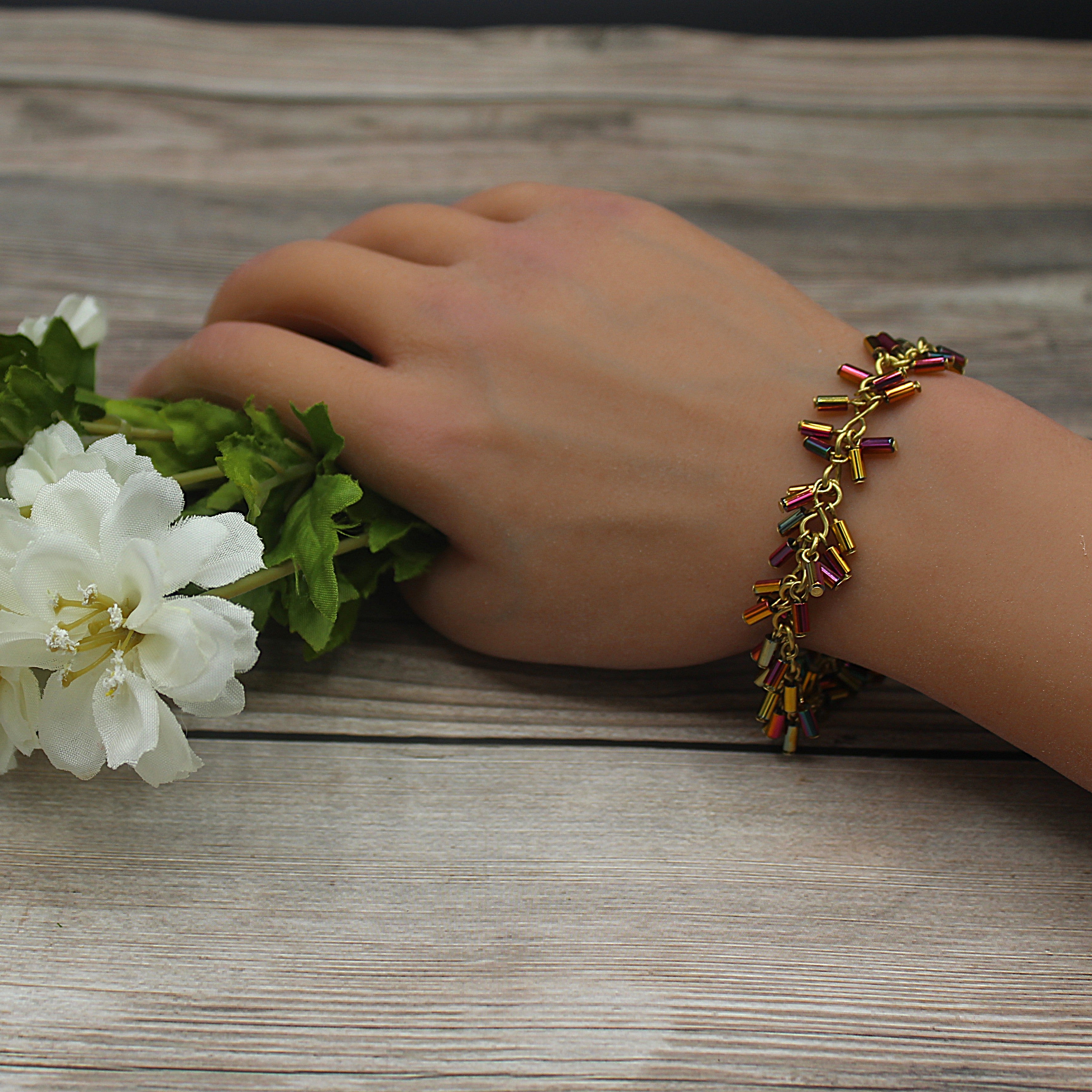 Handcrafted Brass Bracelet with Metallic Glass Tube Beads, 6.75"