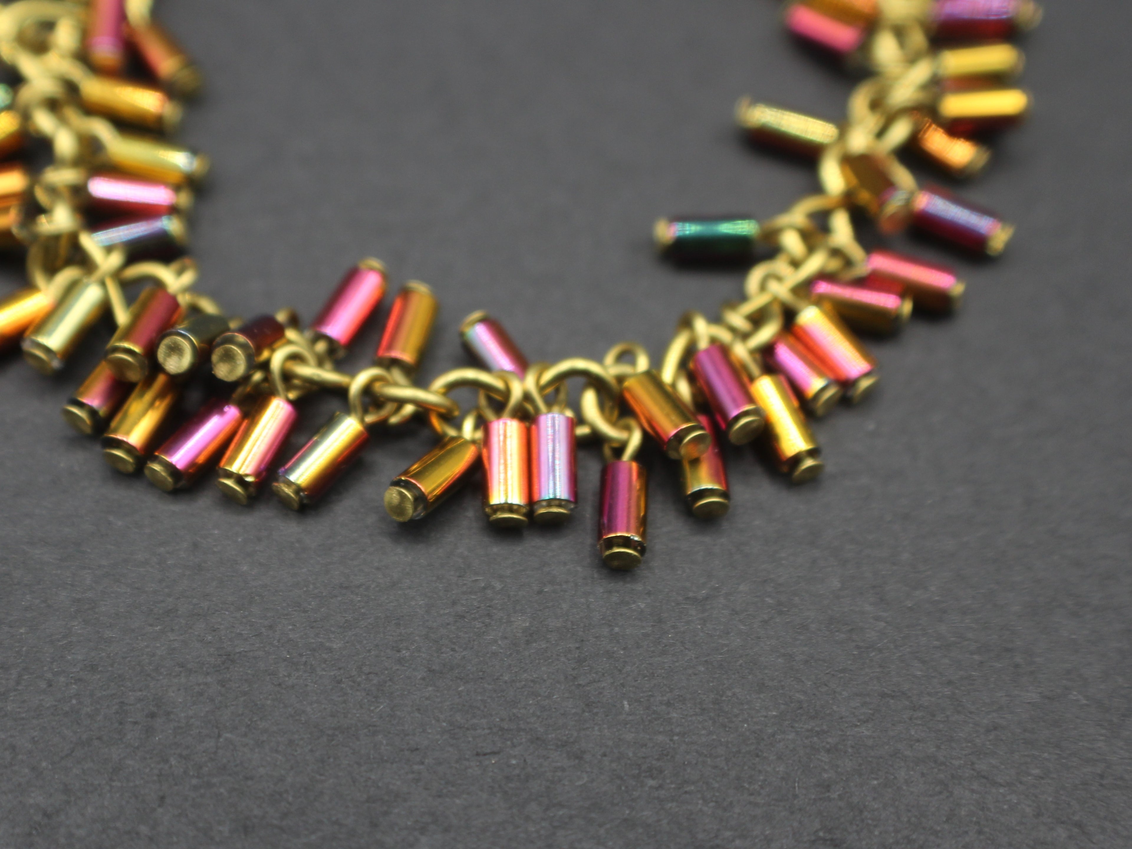 Handcrafted Brass Bracelet with Metallic Glass Tube Beads, 6.75"