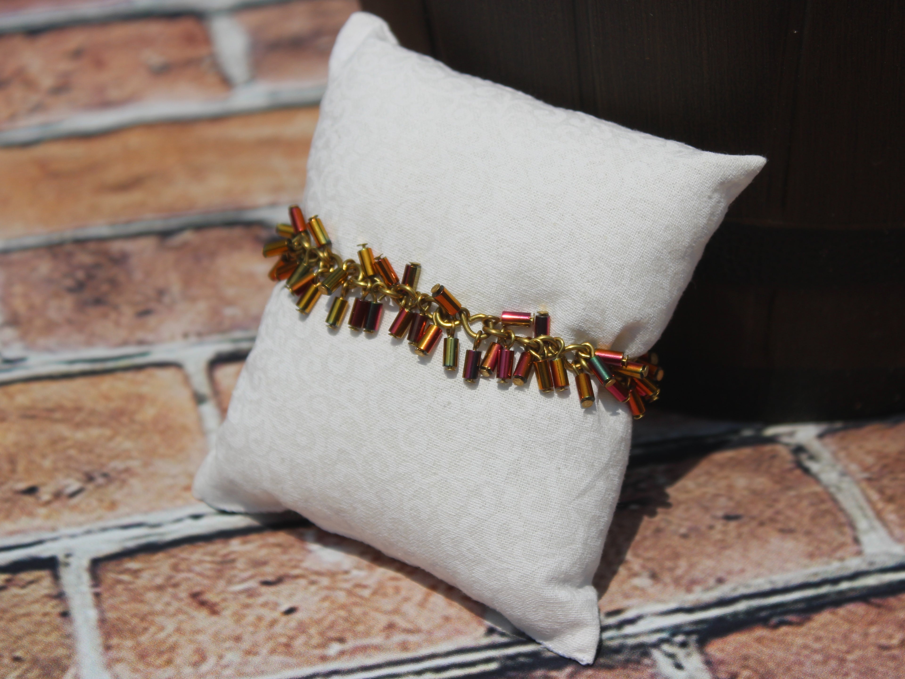 Handcrafted Brass Bracelet with Metallic Glass Tube Beads, 6.75"