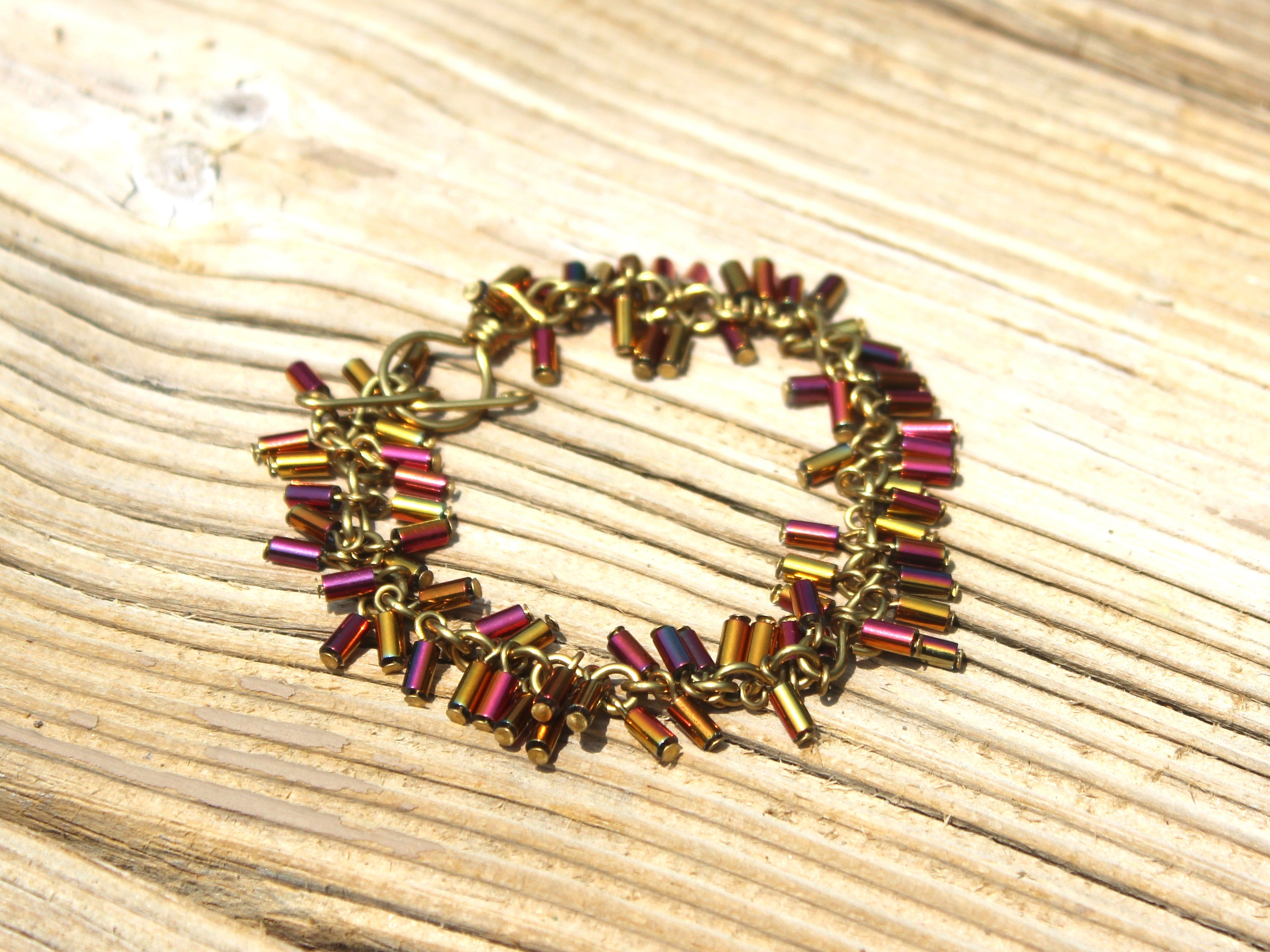 Handcrafted Brass Bracelet with Metallic Glass Tube Beads, 6.75"