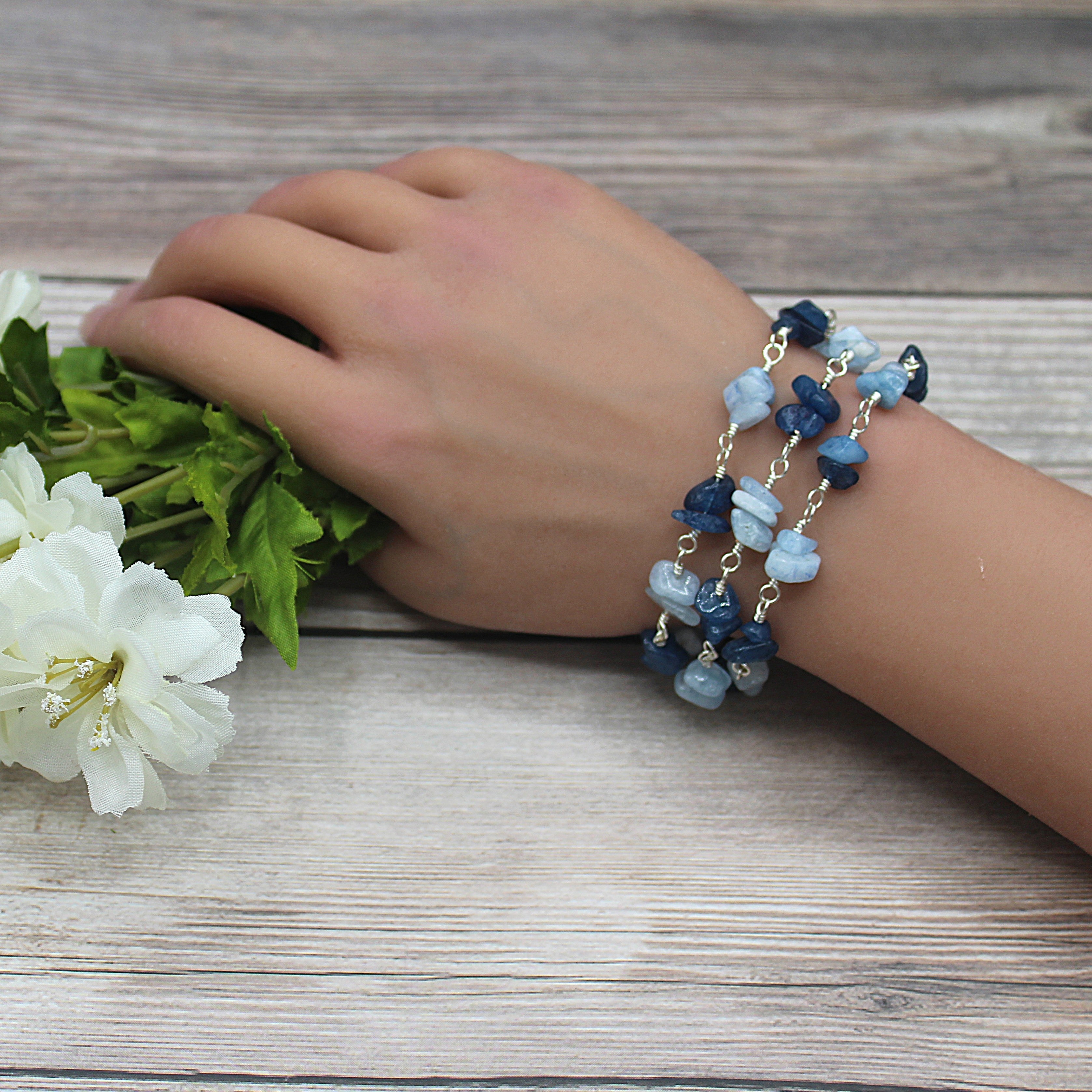 Handcrafted Triple Strand Blue Stone Chip Bracelet in Silver Plated Copper, 6.25"