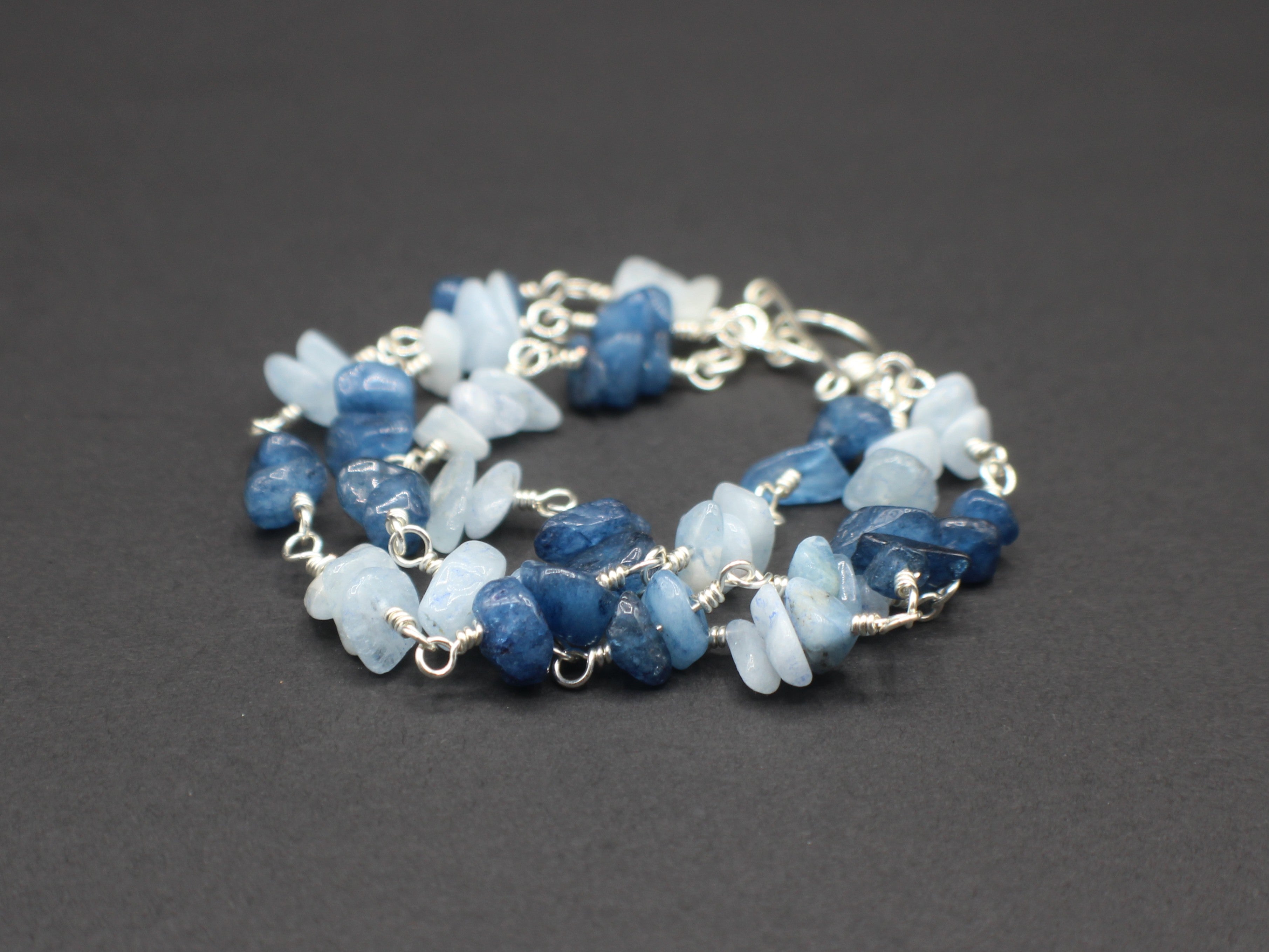 Handcrafted Triple Strand Blue Stone Chip Bracelet in Silver Plated Copper, 6.25"