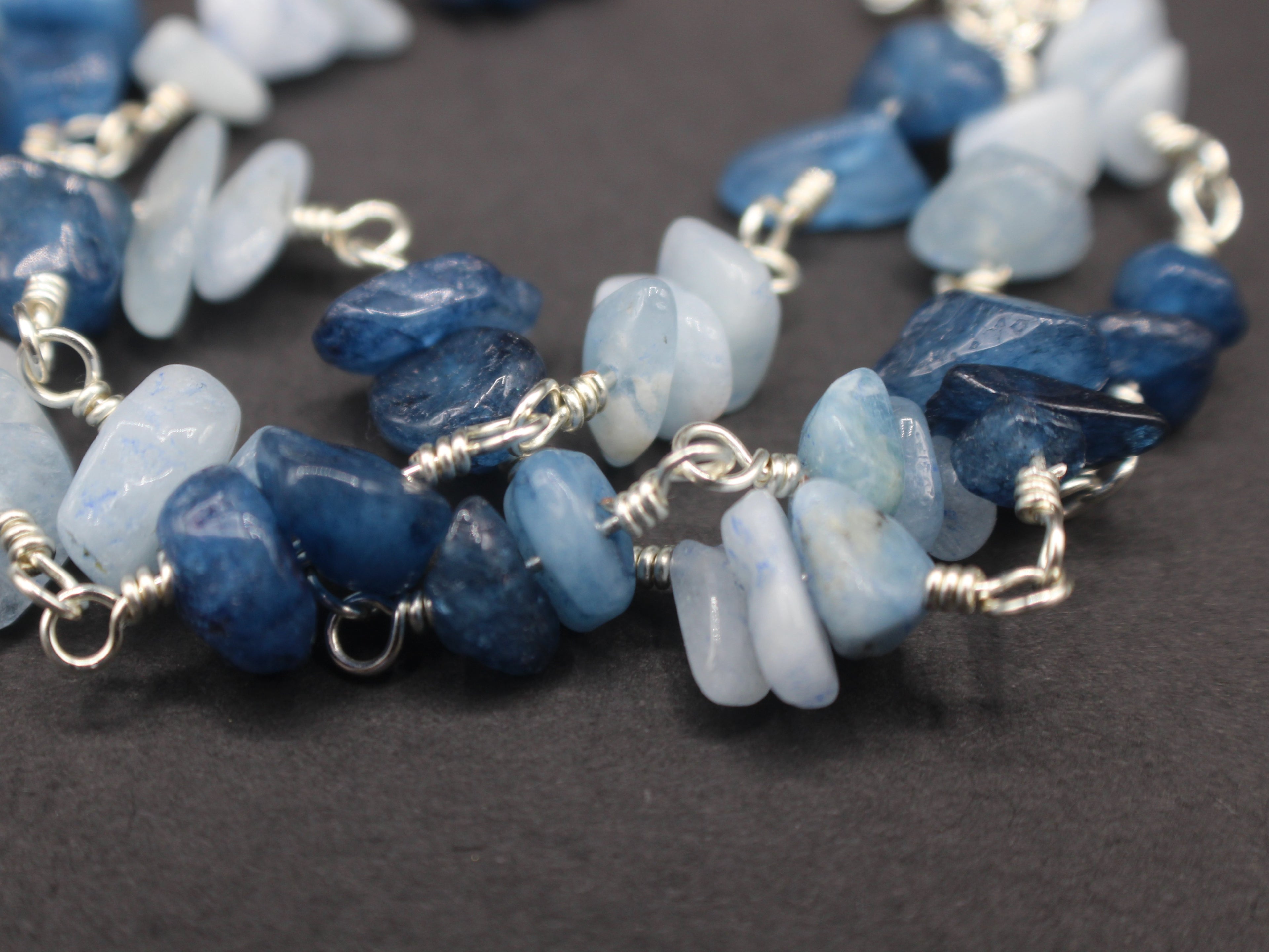 Handcrafted Triple Strand Blue Stone Chip Bracelet in Silver Plated Copper, 6.25"