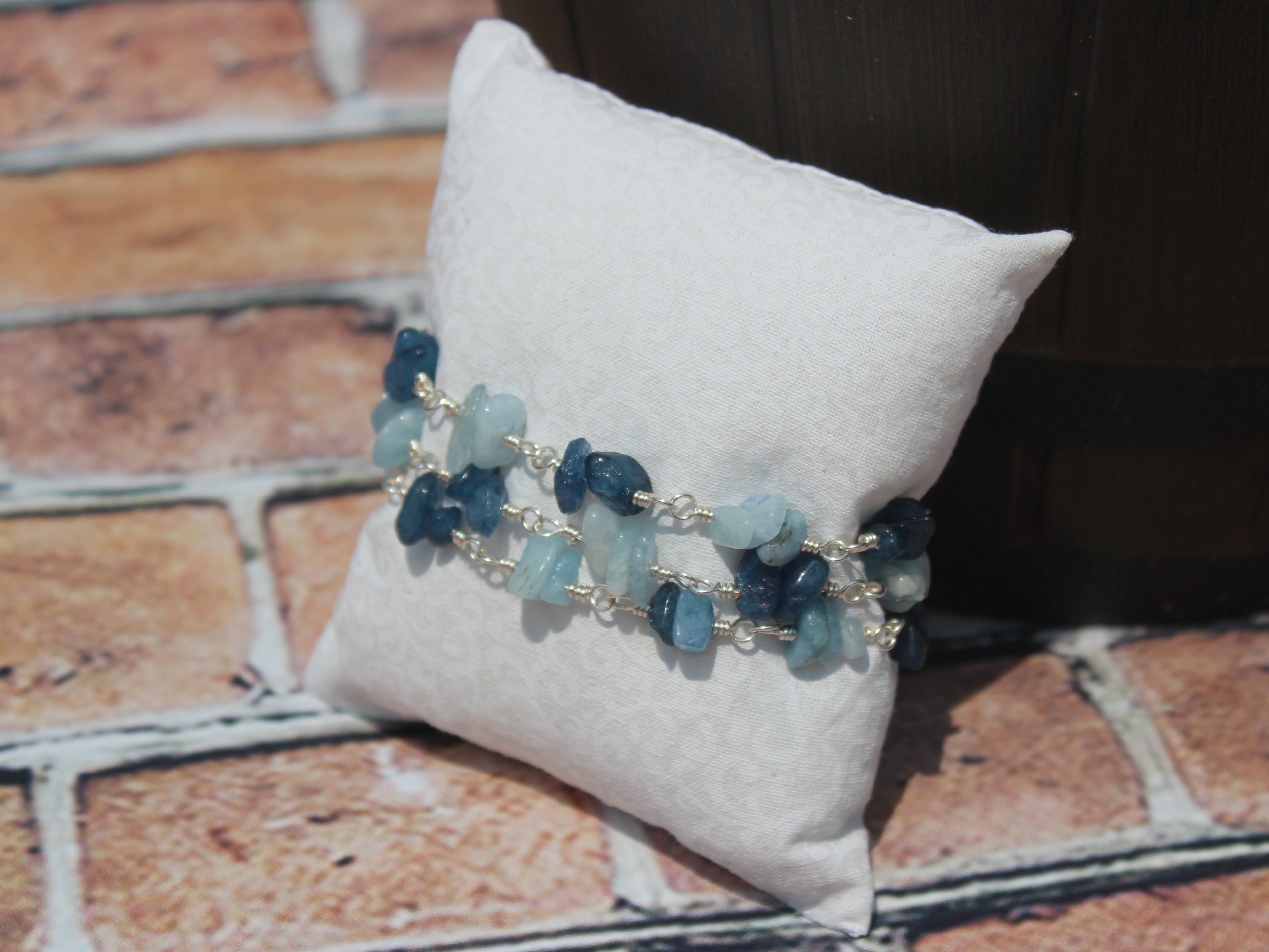 Handcrafted Triple Strand Blue Stone Chip Bracelet in Silver Plated Copper, 6.25"