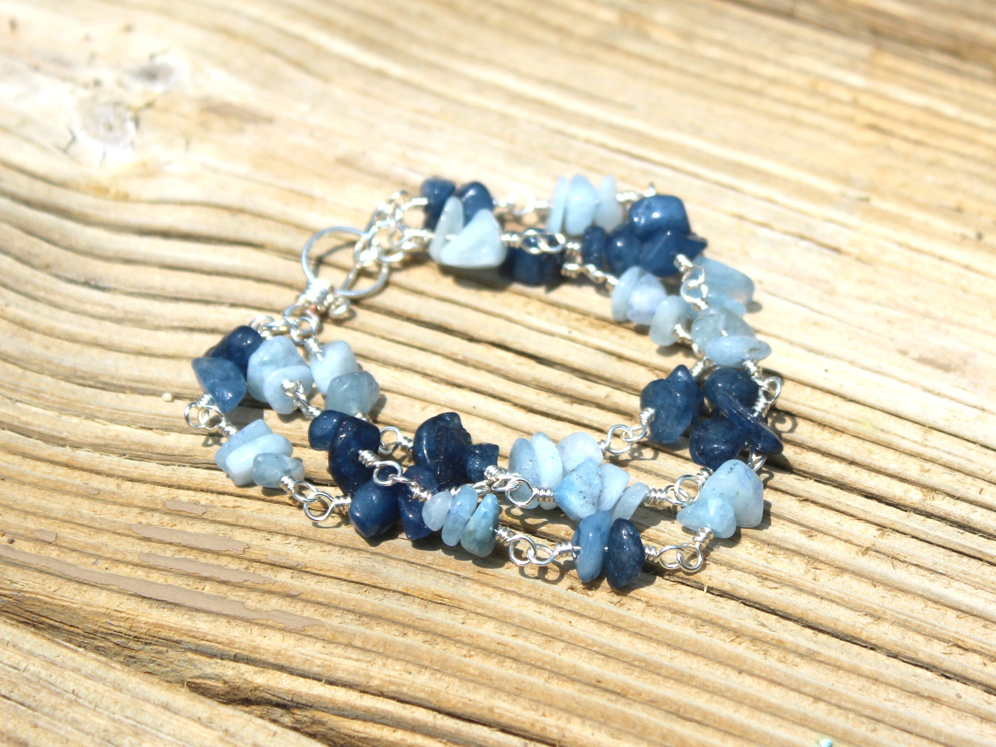 Handcrafted Triple Strand Blue Stone Chip Bracelet in Silver Plated Copper, 6.25"