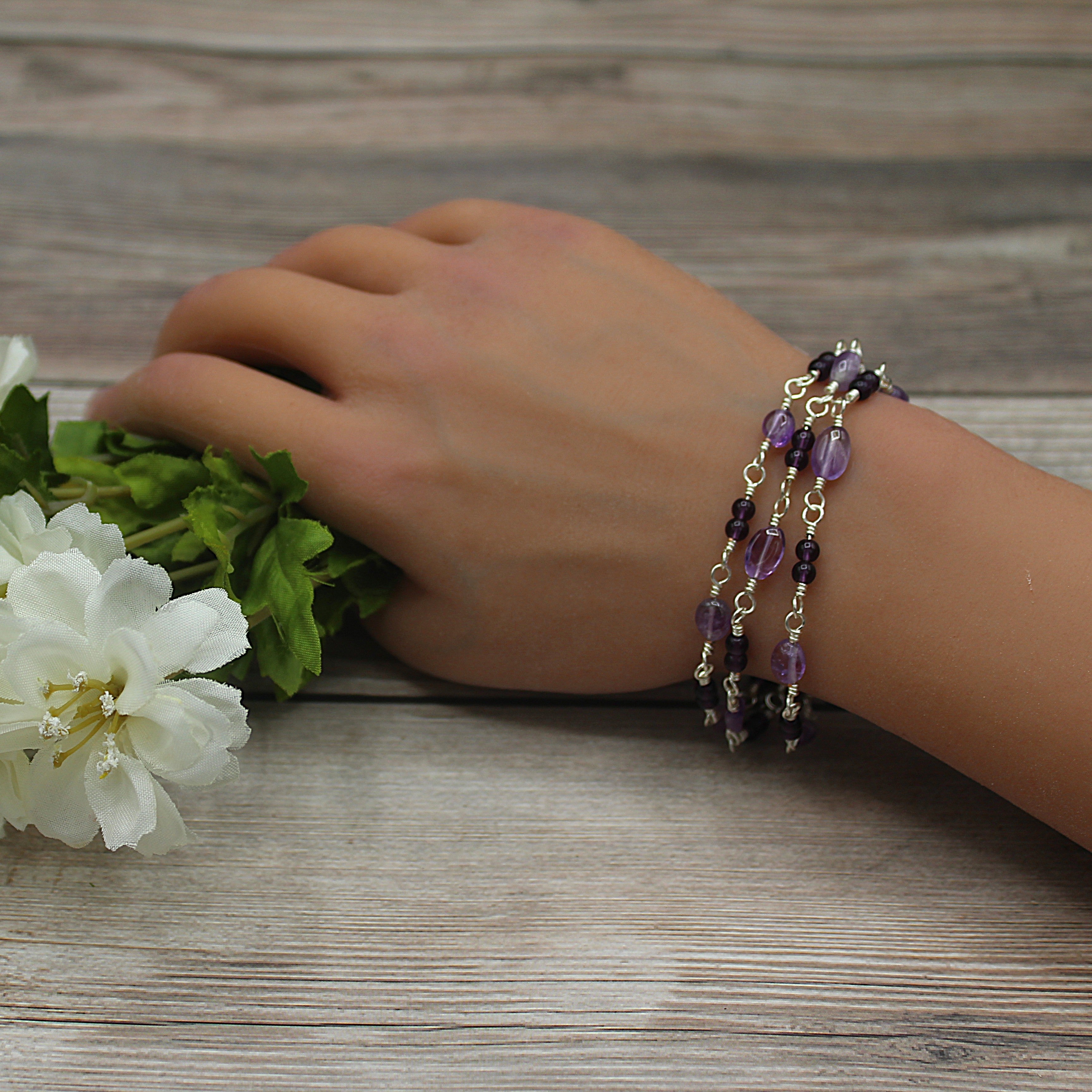 Handcrafted Triple Strand Amethyst and Glass Bracelet in Silver Plated Copper, 6.75"