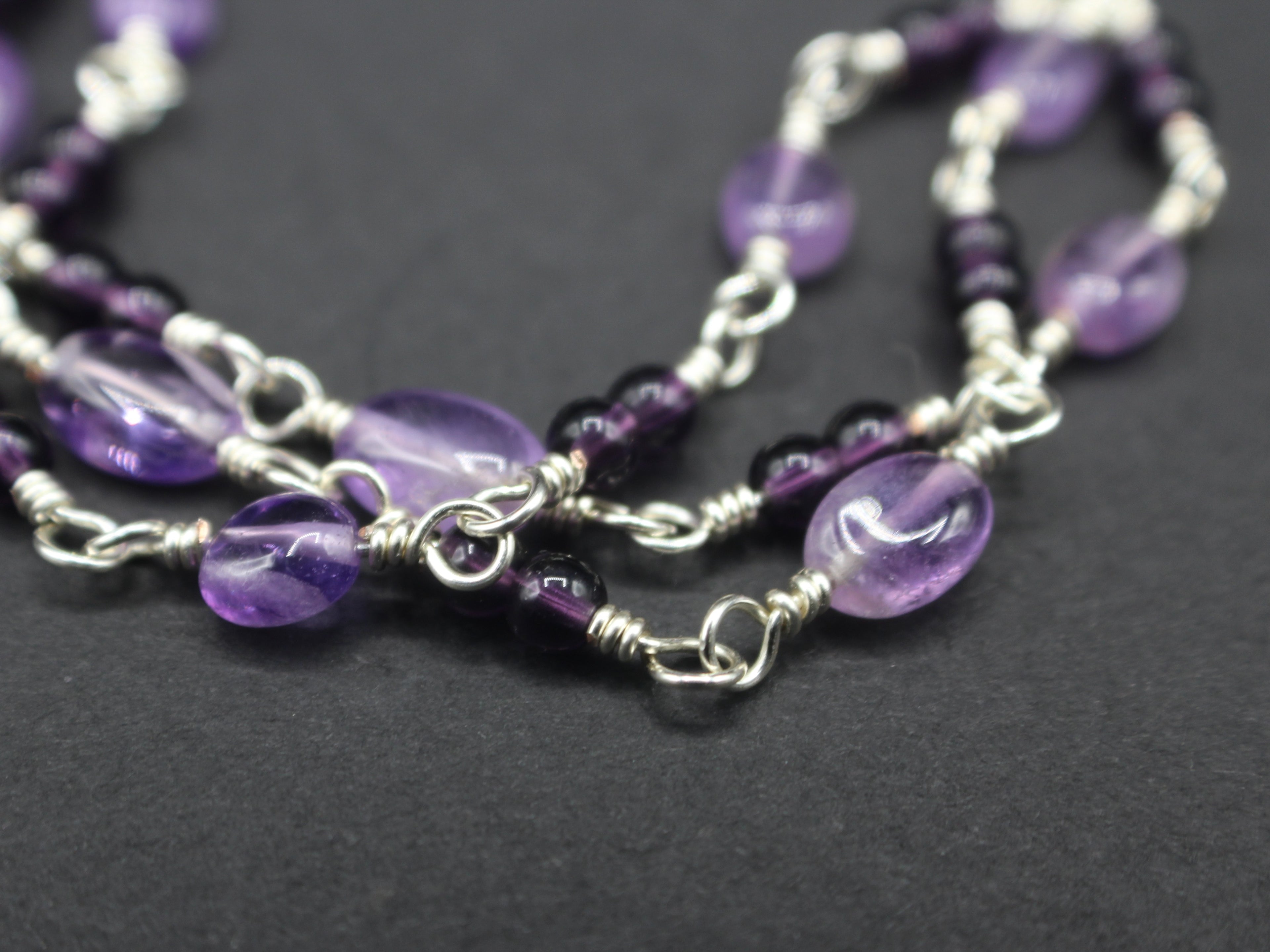 Handcrafted Triple Strand Amethyst and Glass Bracelet in Silver Plated Copper, 6.75"