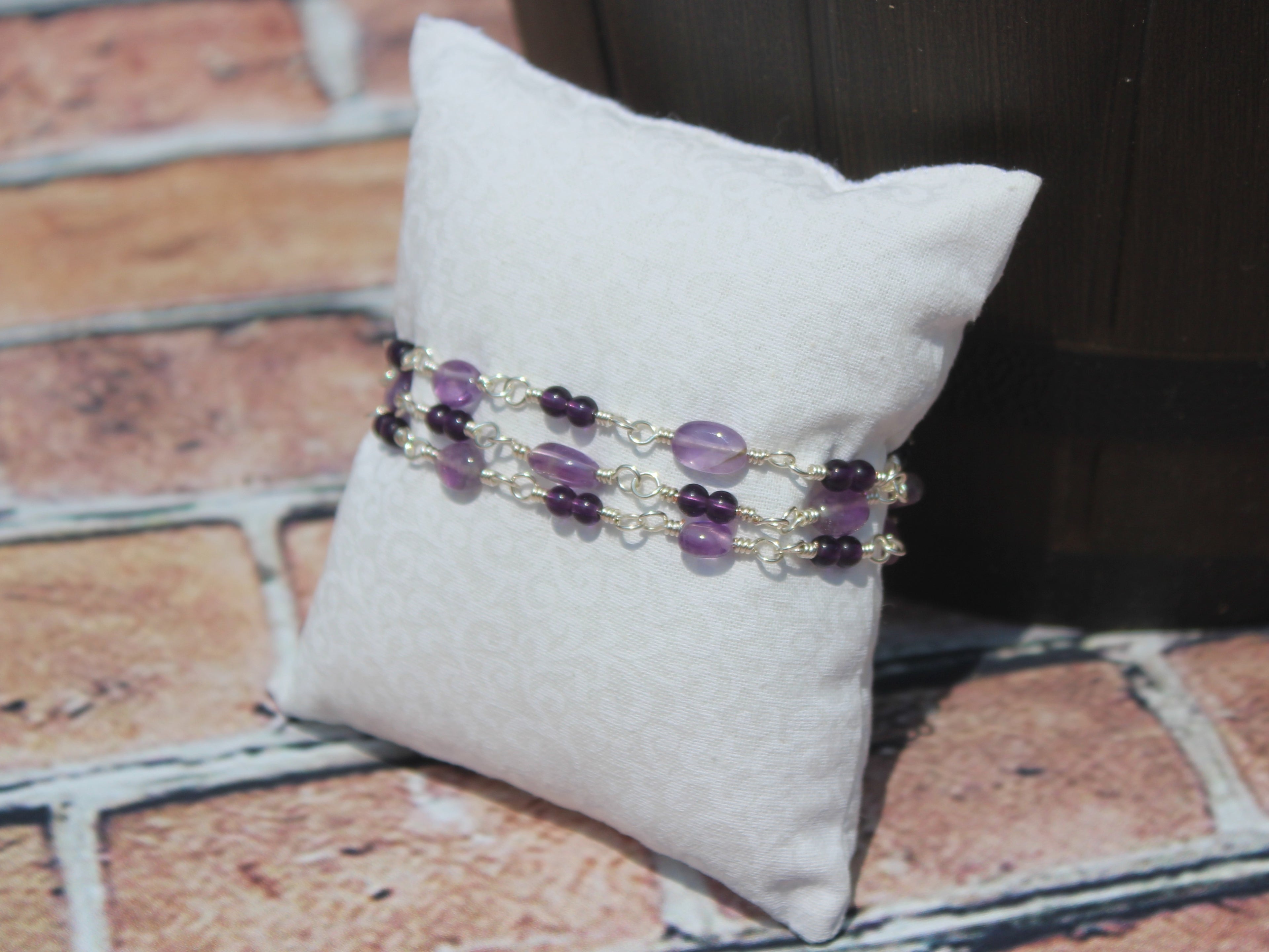Handcrafted Triple Strand Amethyst and Glass Bracelet in Silver Plated Copper, 6.75"