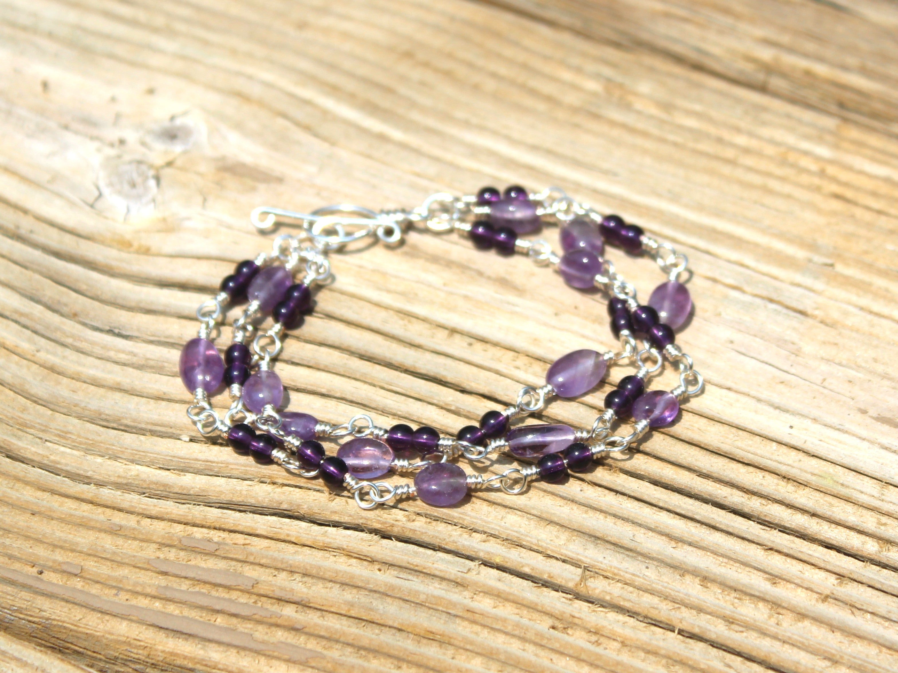 Handcrafted Triple Strand Amethyst and Glass Bracelet in Silver Plated Copper, 6.75"