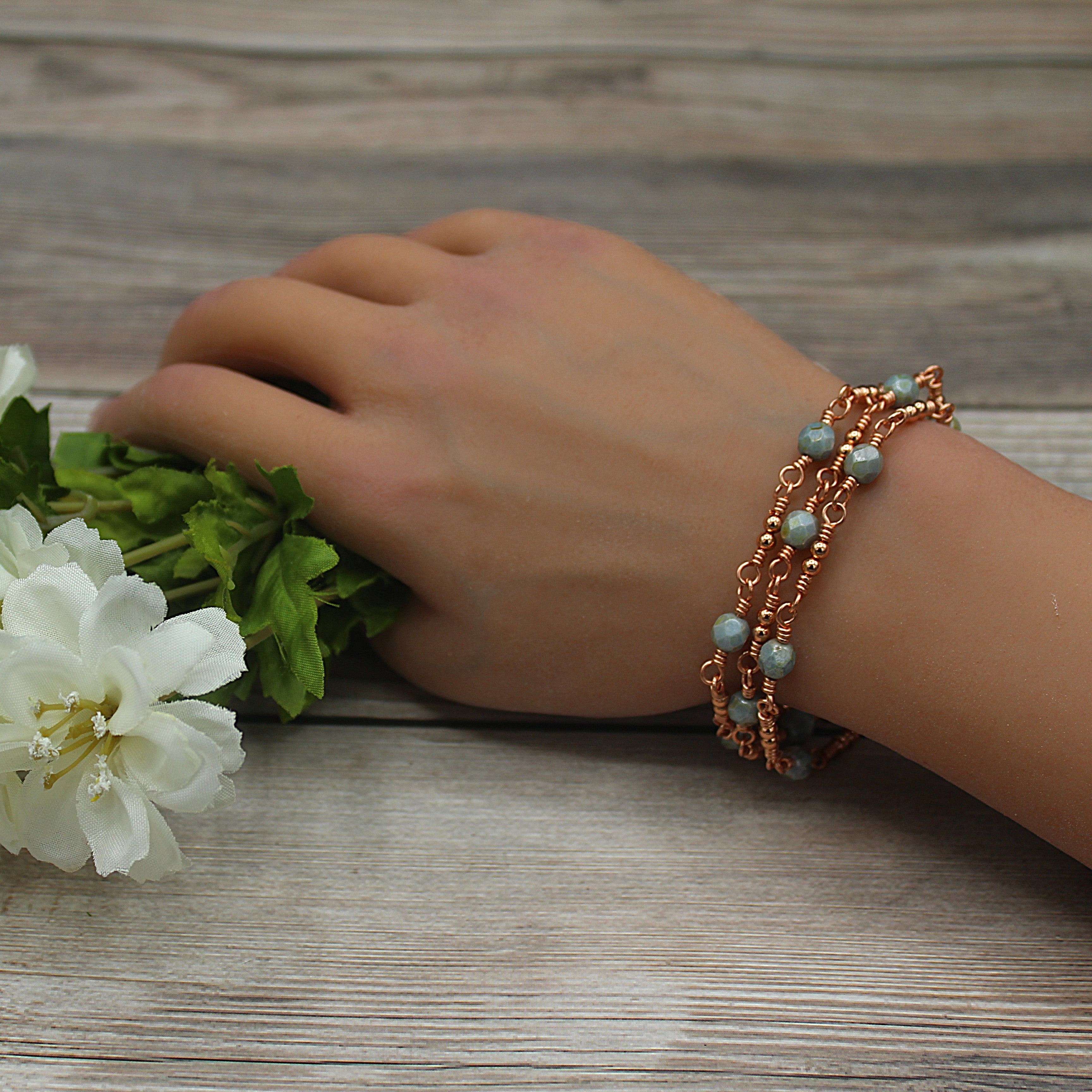 Handcrafted Triple Strand Czech Glass and Copper Bracelet with Toggle Clasp, 6.5"