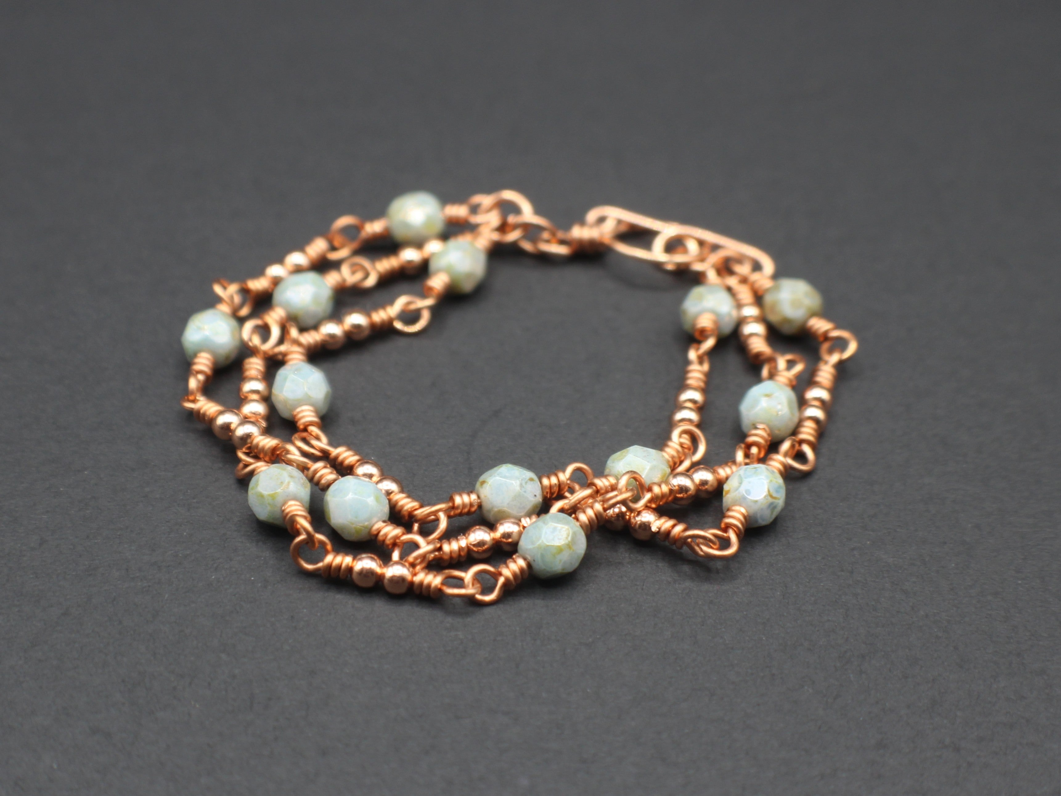 Handcrafted Triple Strand Czech Glass and Copper Bracelet with Toggle Clasp, 6.5"