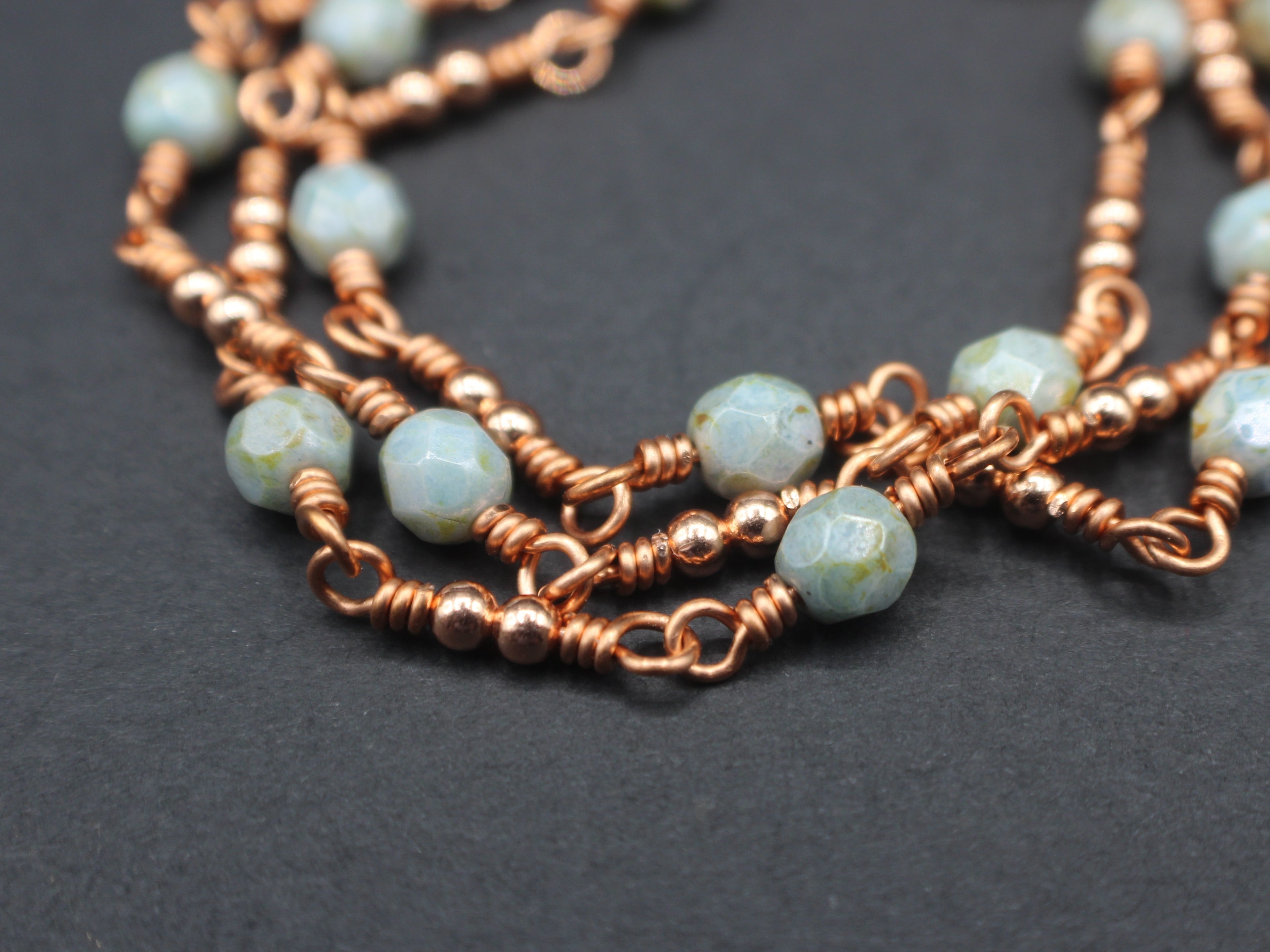 Handcrafted Triple Strand Czech Glass and Copper Bracelet with Toggle Clasp, 6.5"