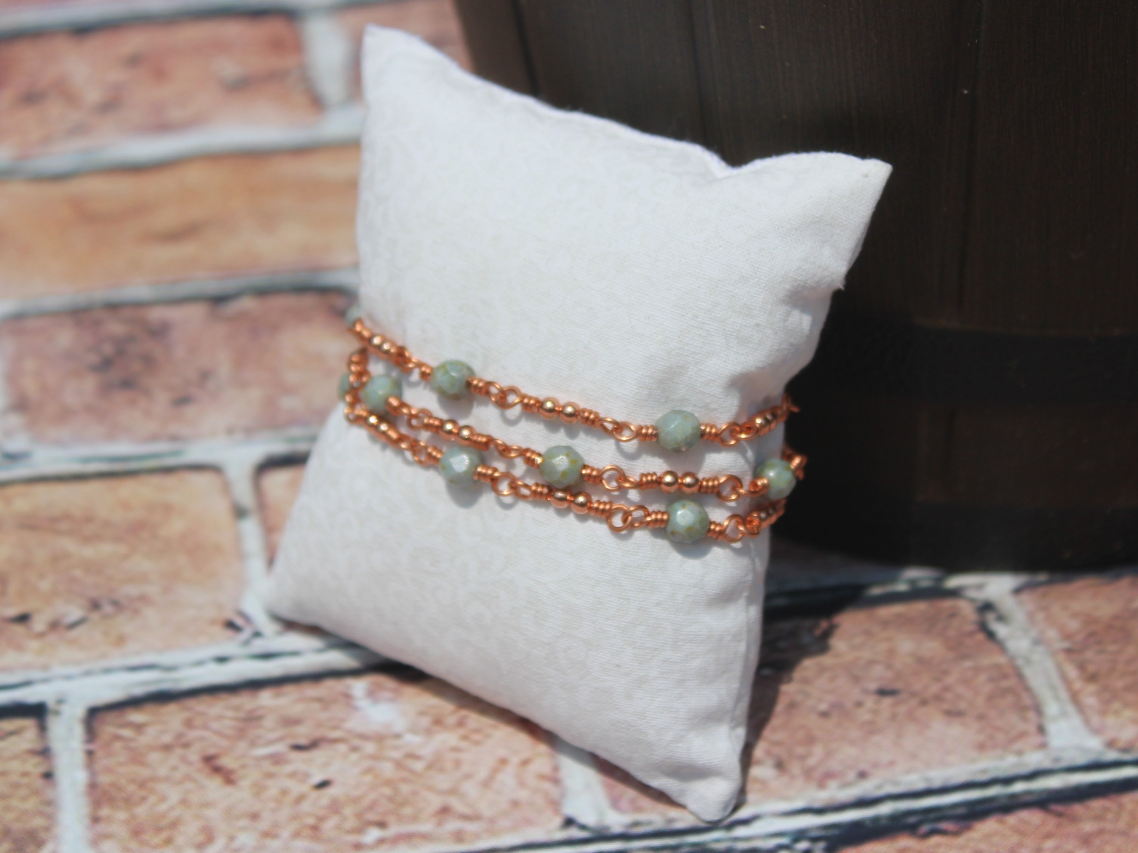 Handcrafted Triple Strand Czech Glass and Copper Bracelet with Toggle Clasp, 6.5"