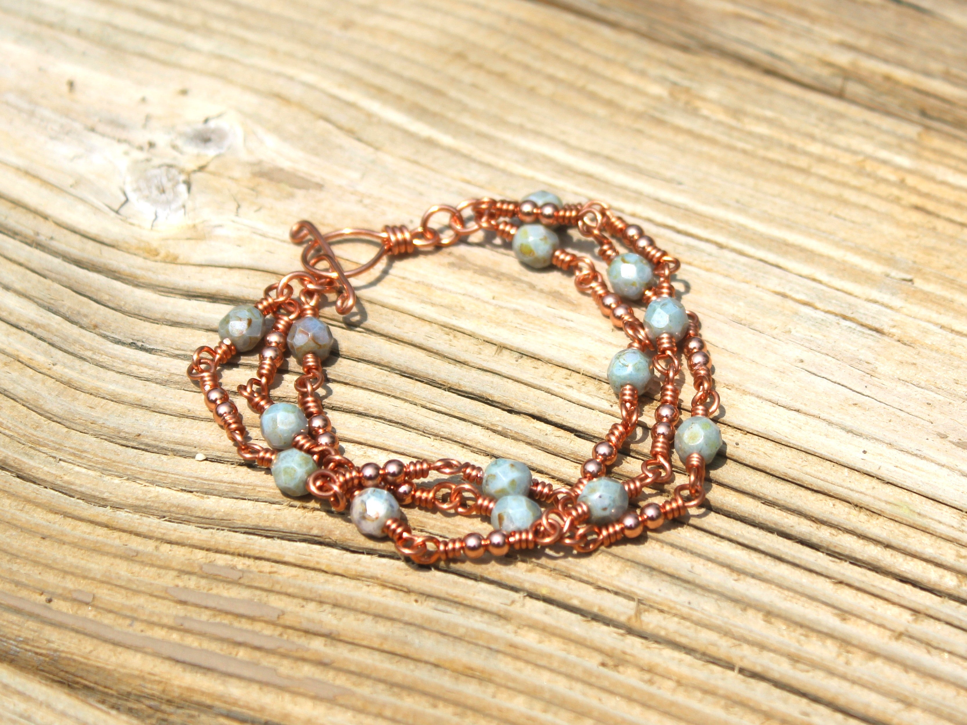 Handcrafted Triple Strand Czech Glass and Copper Bracelet with Toggle Clasp, 6.5"