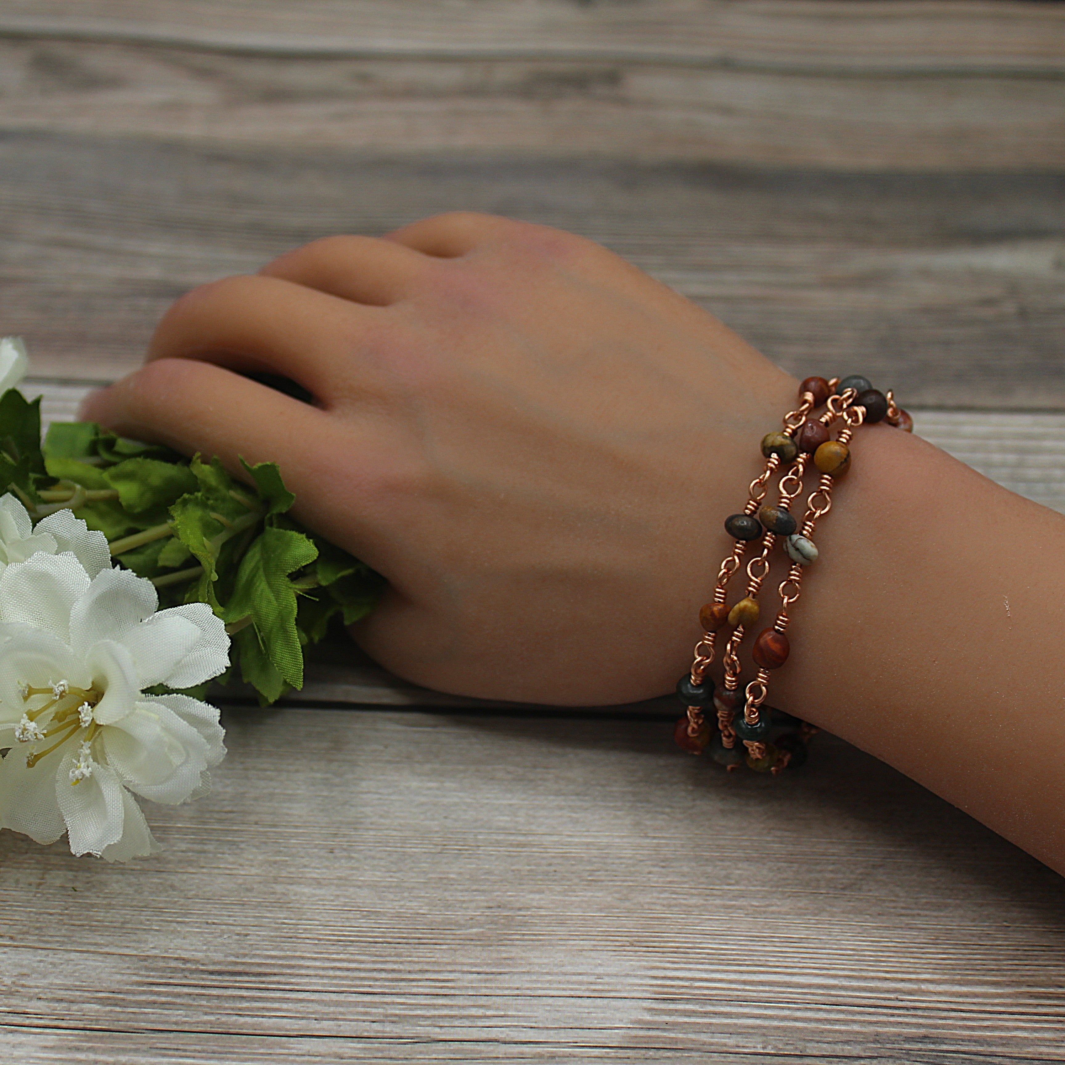 Handcrafted Triple Strand Jasper Nugget Bracelet with Copper Wire Links and Toggle Clasp, 6.5"