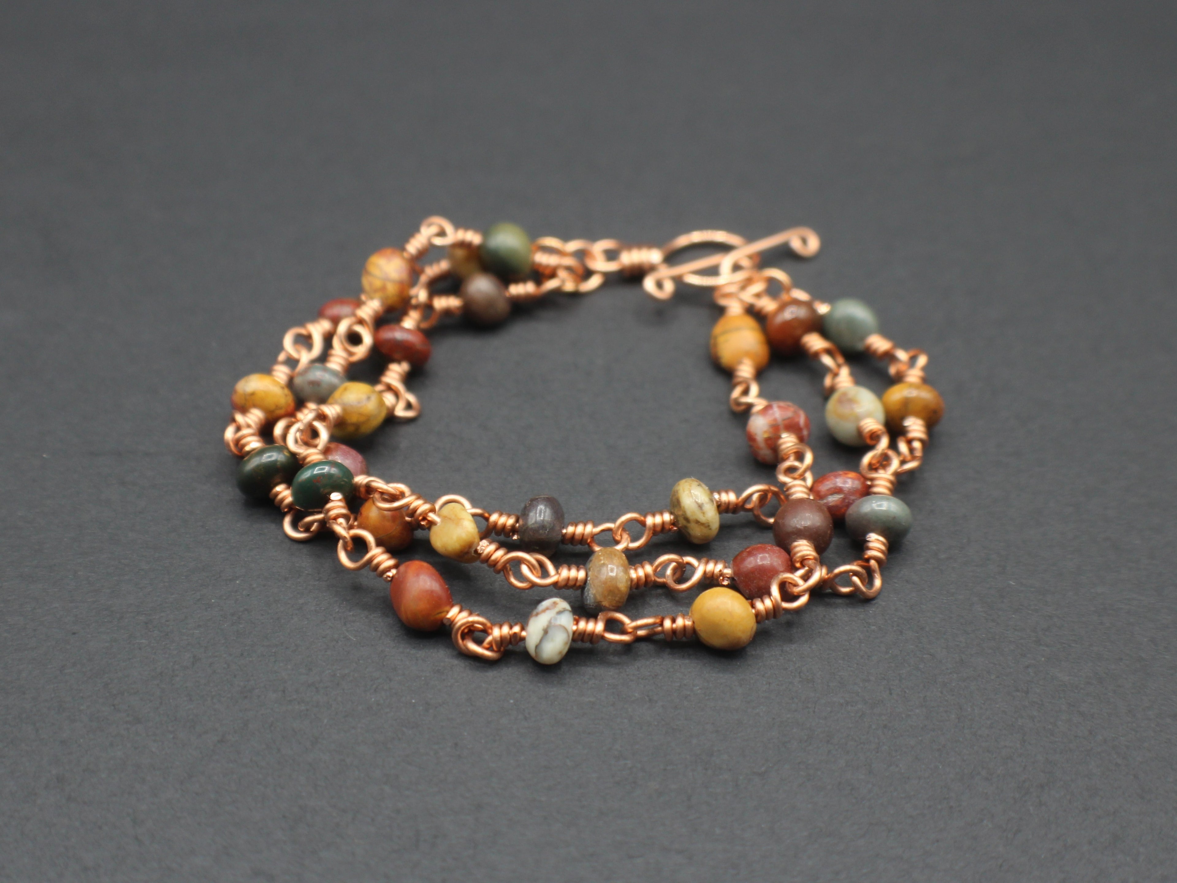 Handcrafted Triple Strand Jasper Nugget Bracelet with Copper Wire Links and Toggle Clasp, 6.5"