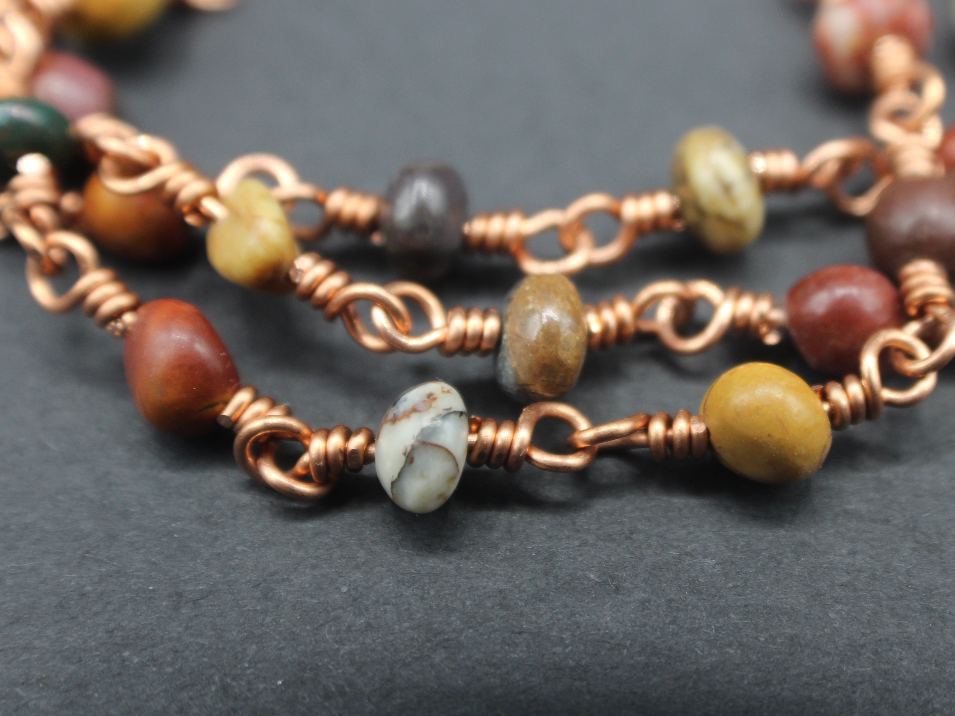 Handcrafted Triple Strand Jasper Nugget Bracelet with Copper Wire Links and Toggle Clasp, 6.5"