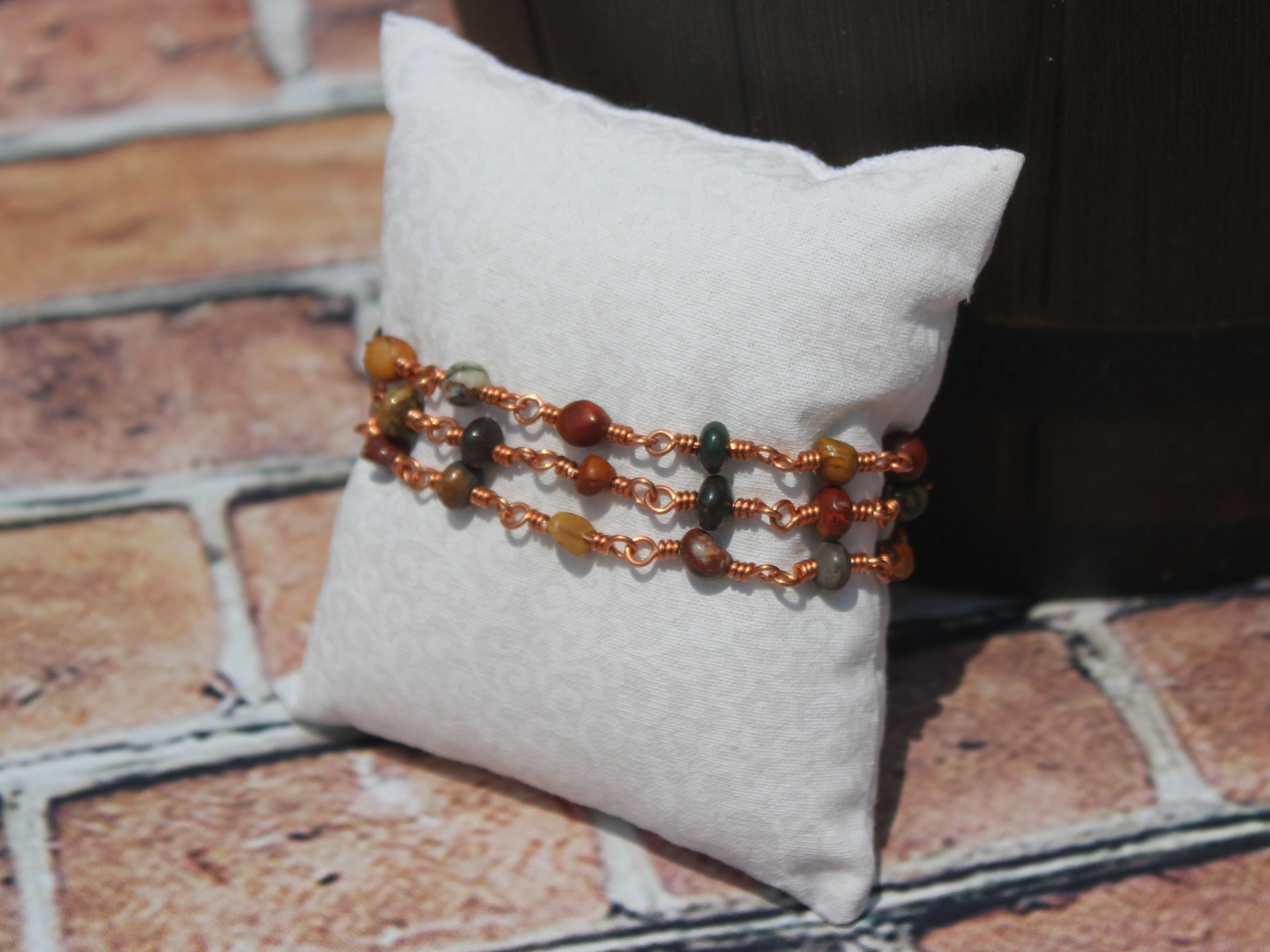 Handcrafted Triple Strand Jasper Nugget Bracelet with Copper Wire Links and Toggle Clasp, 6.5"
