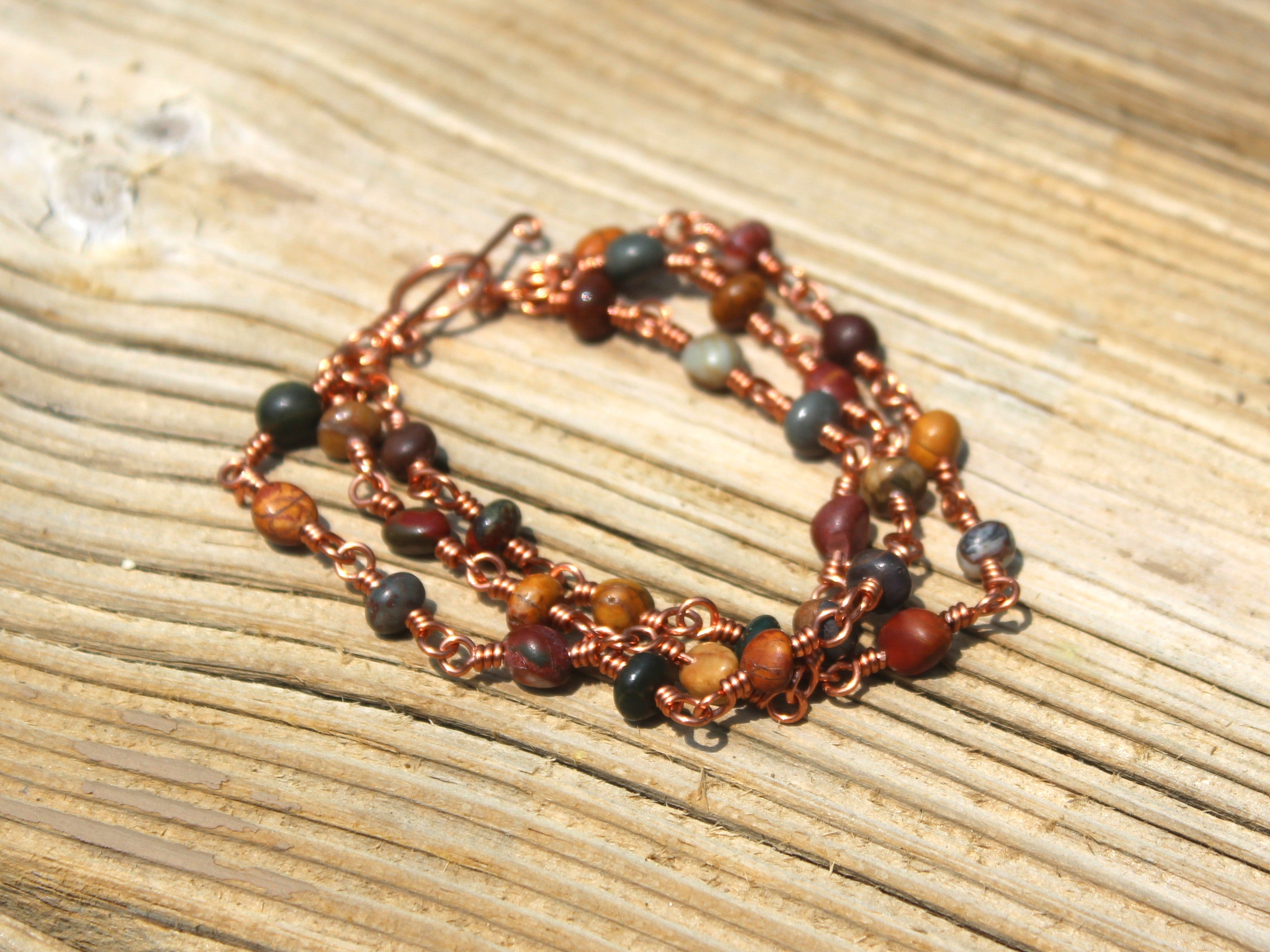 Handcrafted Triple Strand Jasper Nugget Bracelet with Copper Wire Links and Toggle Clasp, 6.5"