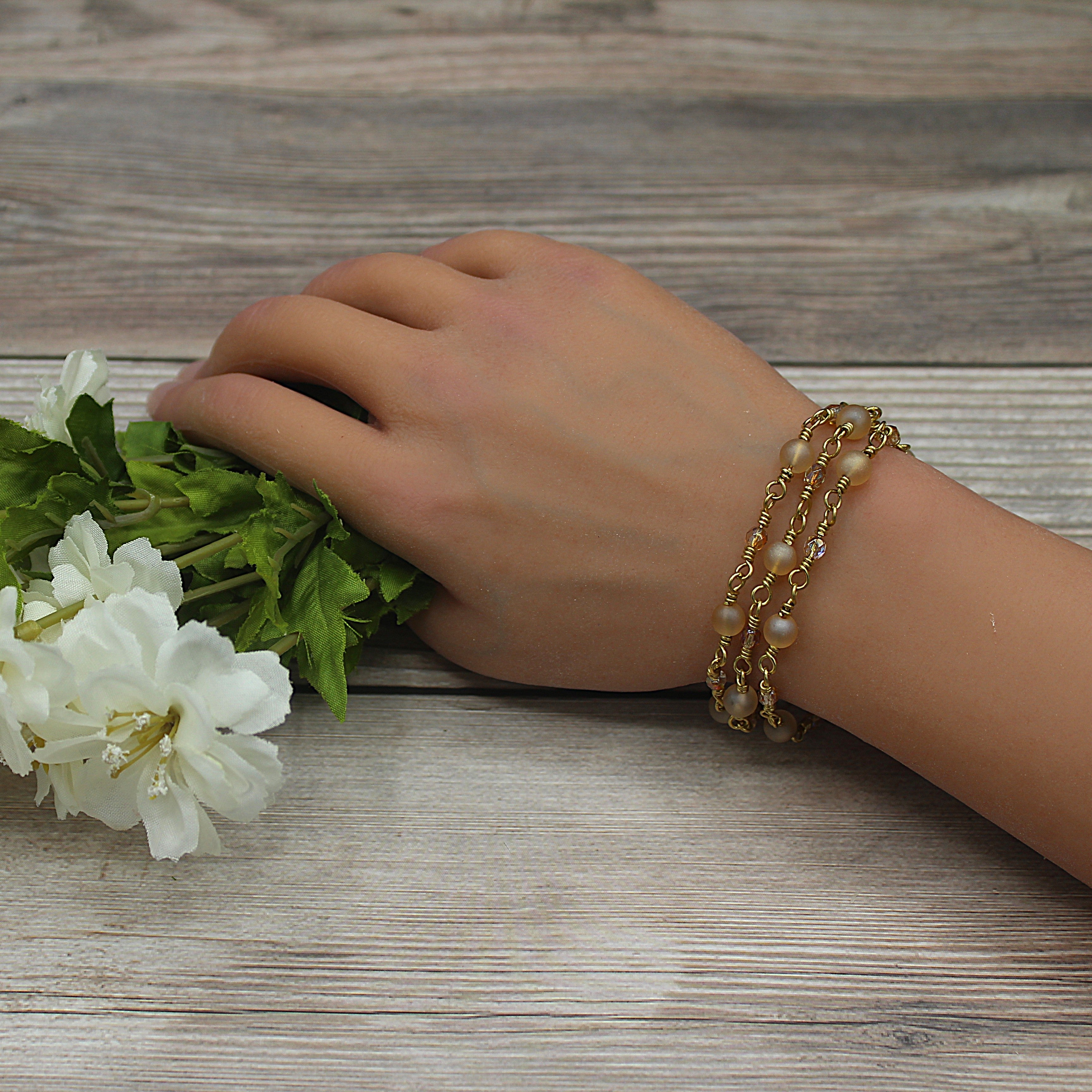 Handcrafted Triple Strand Frosted Glass and Faceted Bead Bracelet in Brass, 6.5"