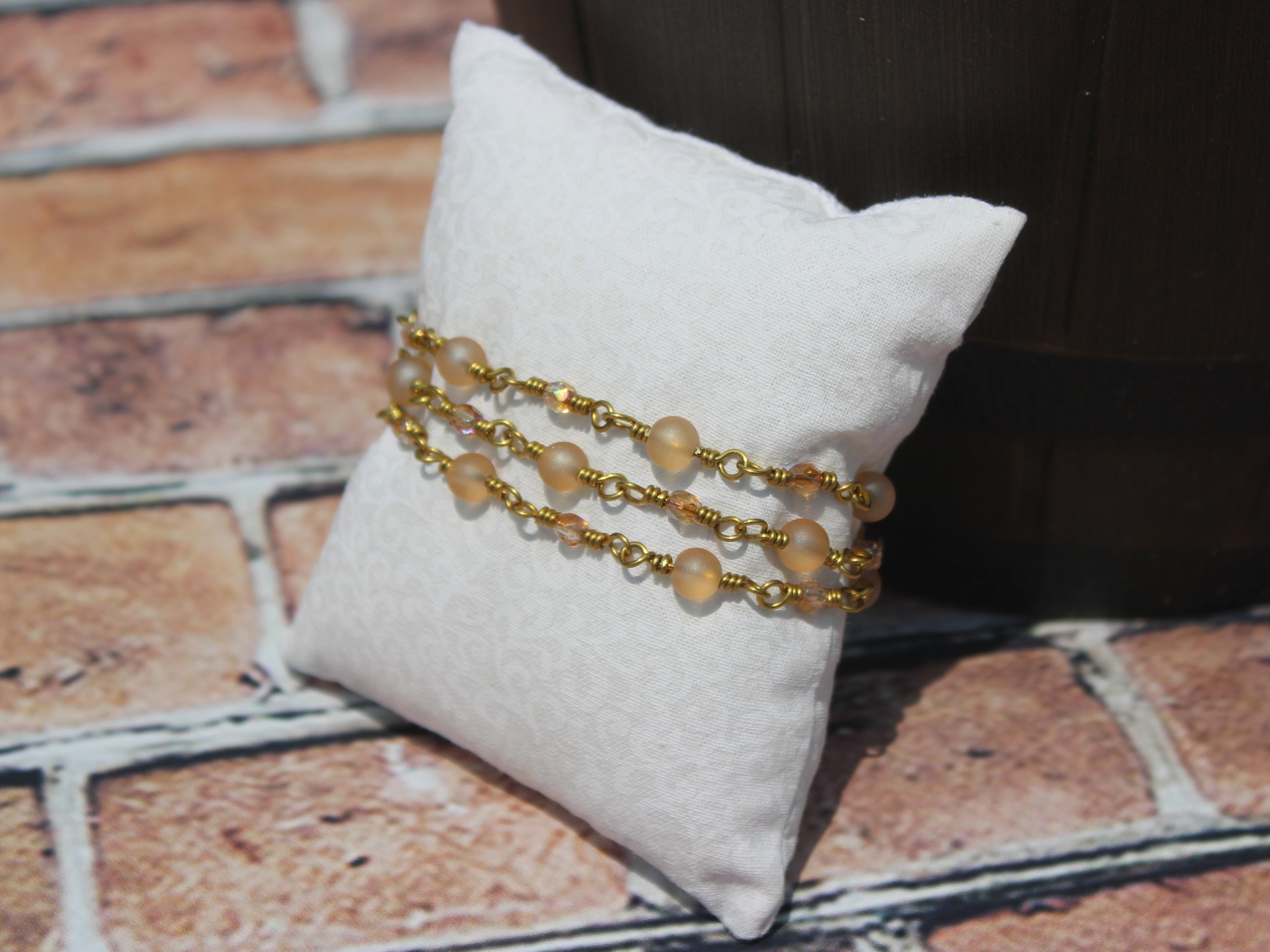 Handcrafted Triple Strand Frosted Glass and Faceted Bead Bracelet in Brass, 6.5"