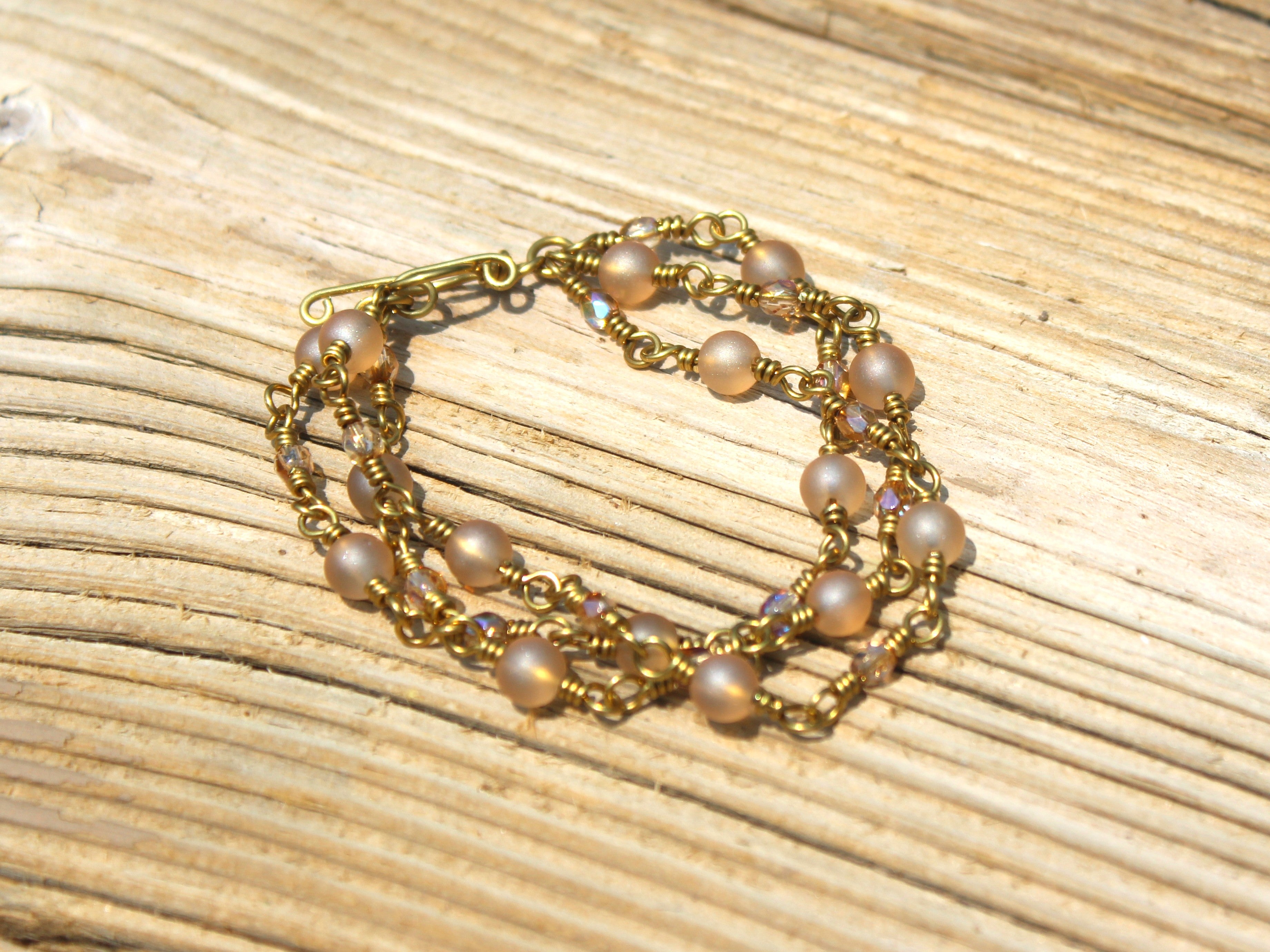 Handcrafted Triple Strand Frosted Glass and Faceted Bead Bracelet in Brass, 6.5"