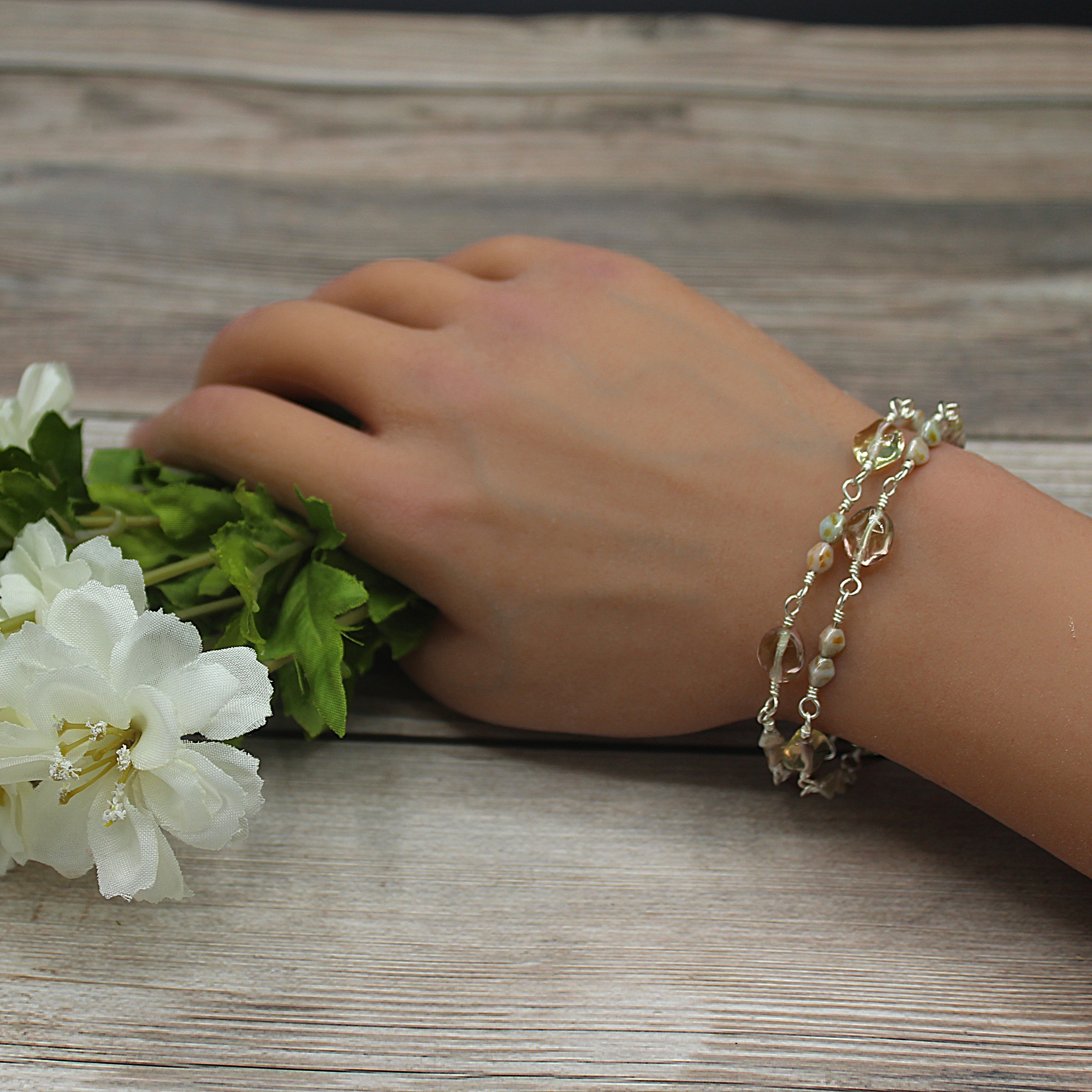 Handcrafted Two Strand Sea Green and Pink Glass Bracelet in Silver Plated Copper, 6.5"