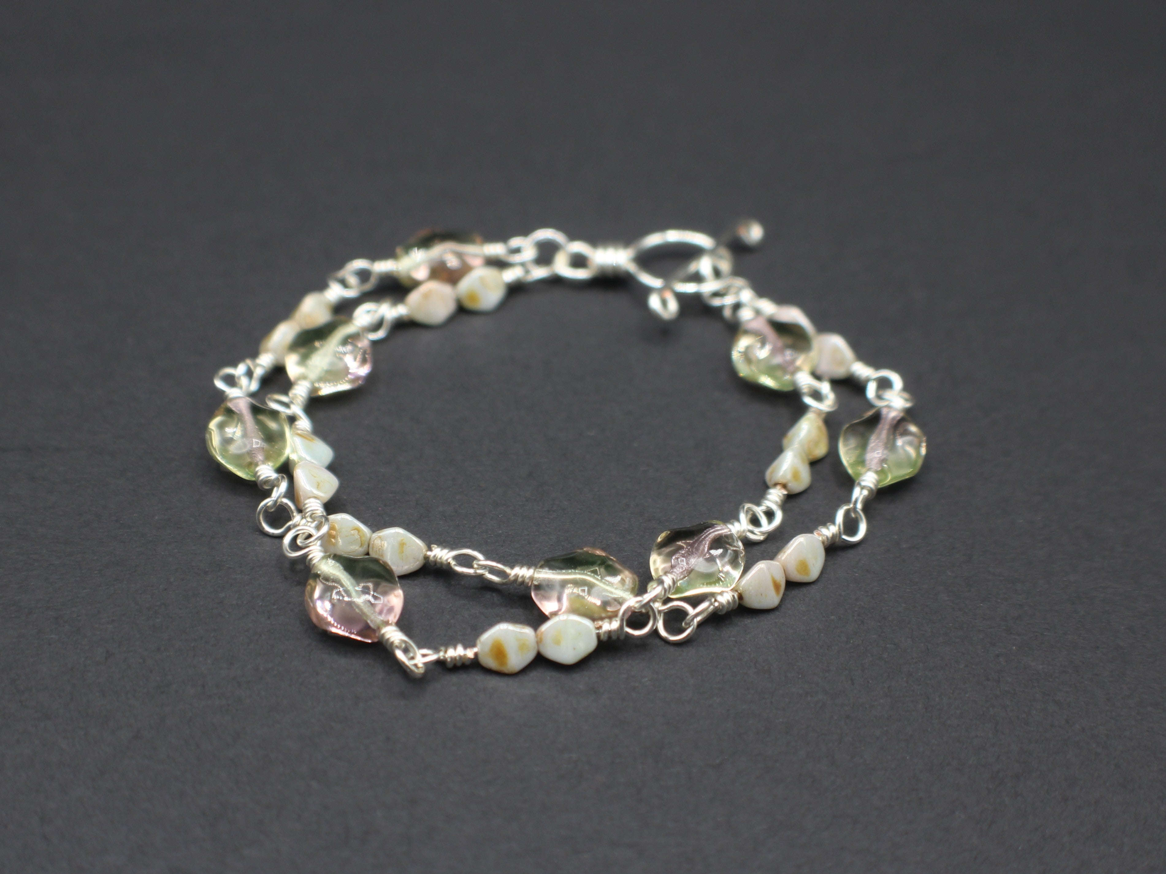 Handcrafted Two Strand Sea Green and Pink Glass Bracelet in Silver Plated Copper, 6.5"