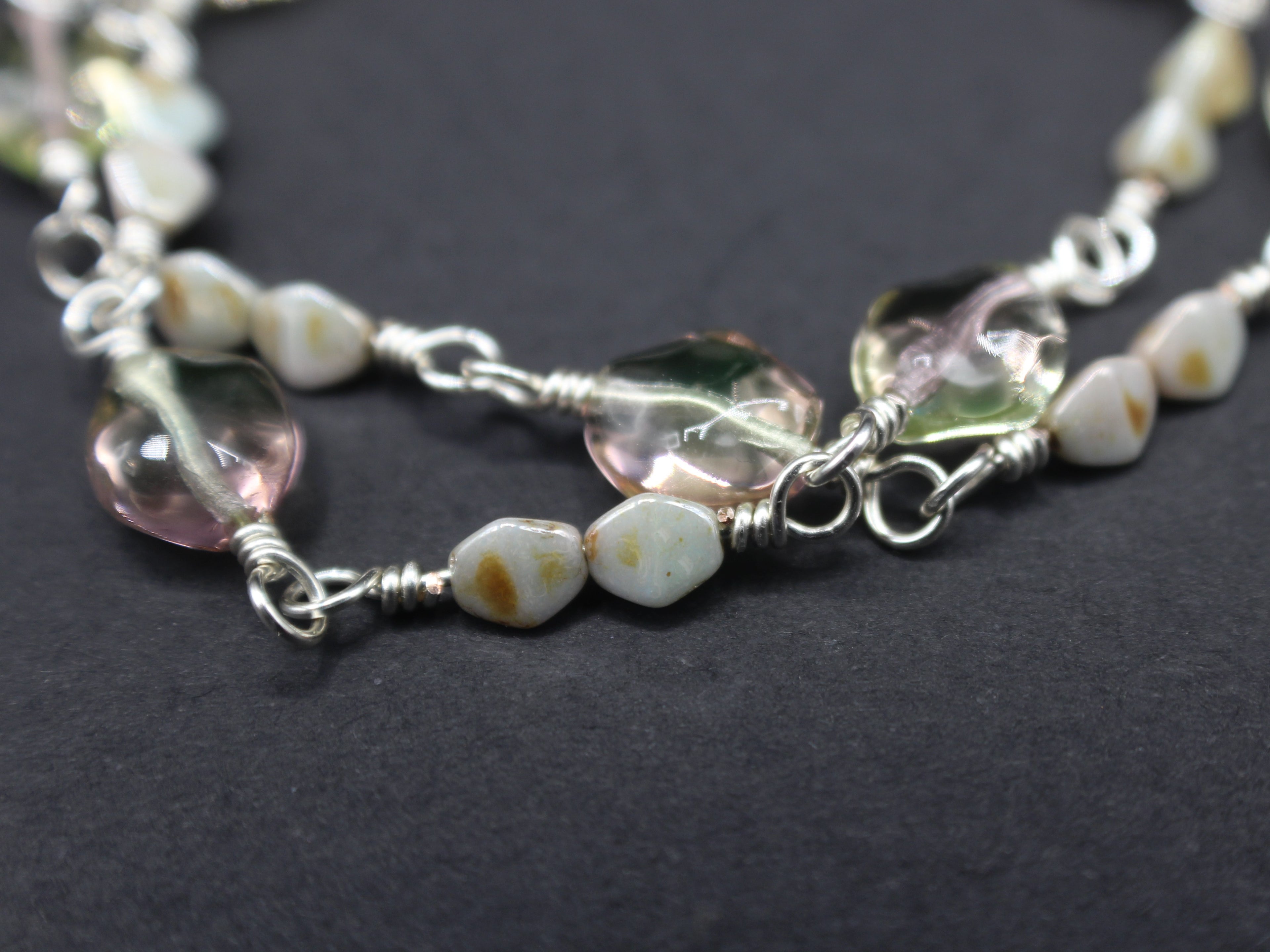 Handcrafted Two Strand Sea Green and Pink Glass Bracelet in Silver Plated Copper, 6.5"