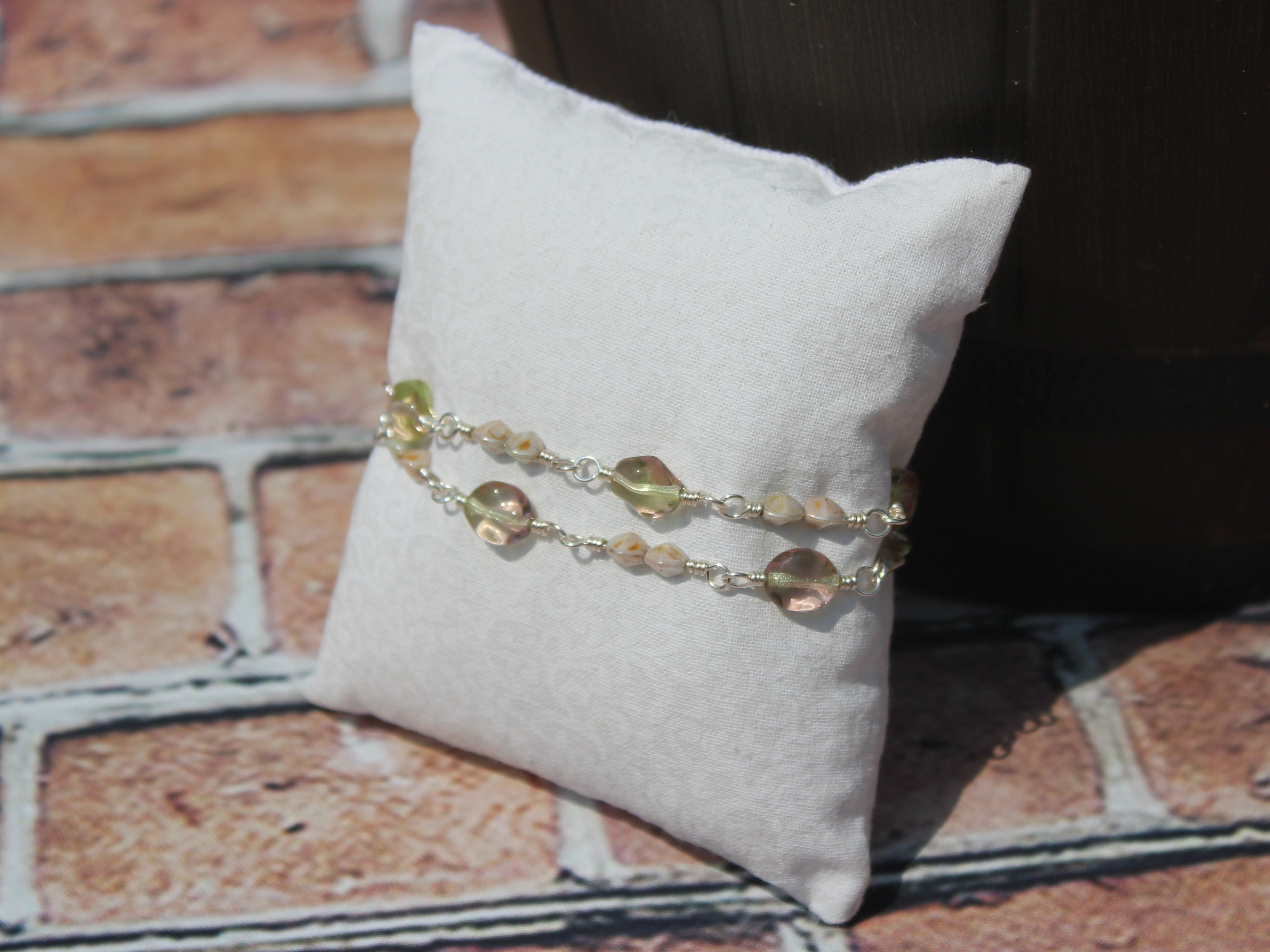 Handcrafted Two Strand Sea Green and Pink Glass Bracelet in Silver Plated Copper, 6.5"