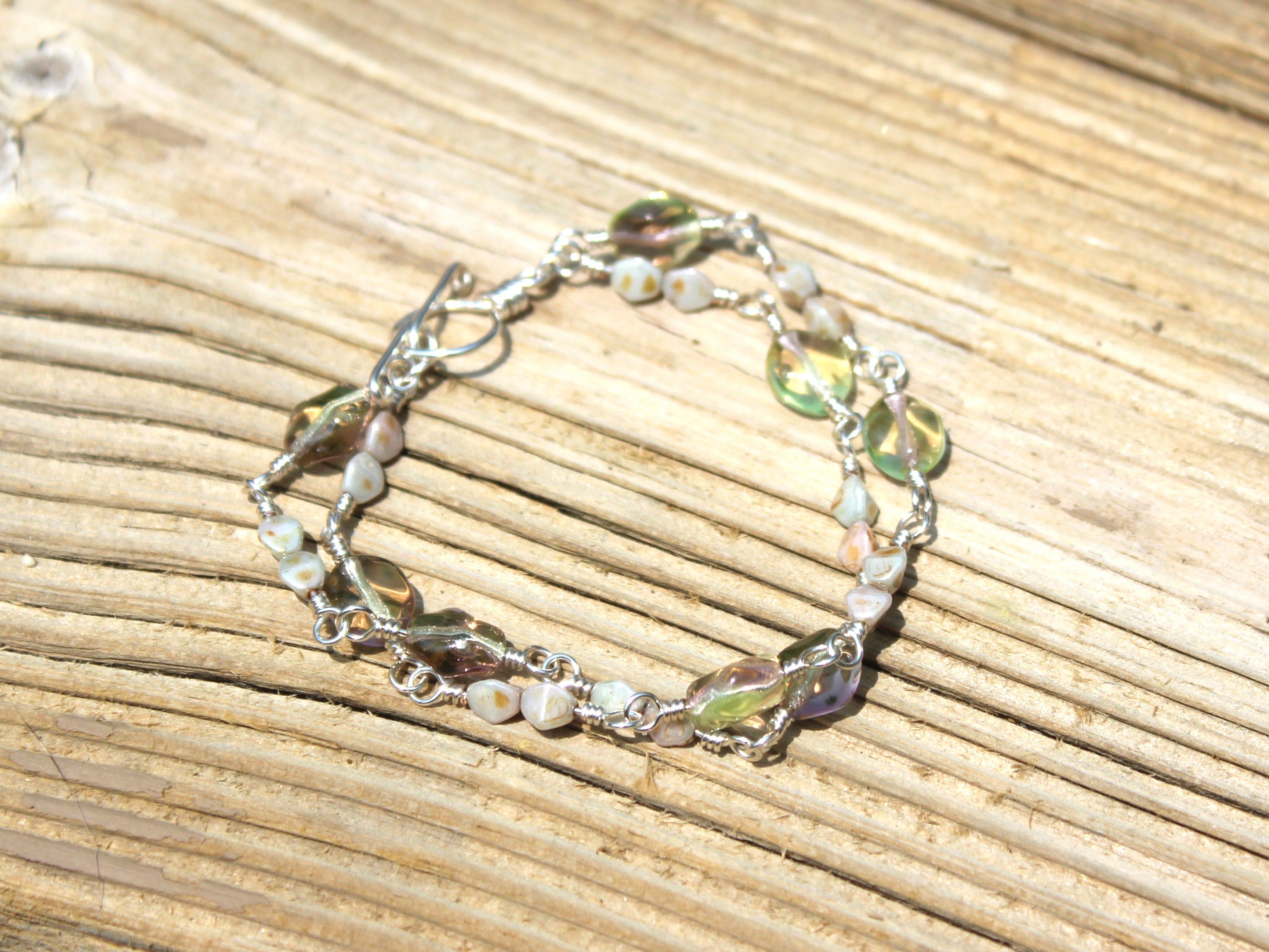 Handcrafted Two Strand Sea Green and Pink Glass Bracelet in Silver Plated Copper, 6.5"