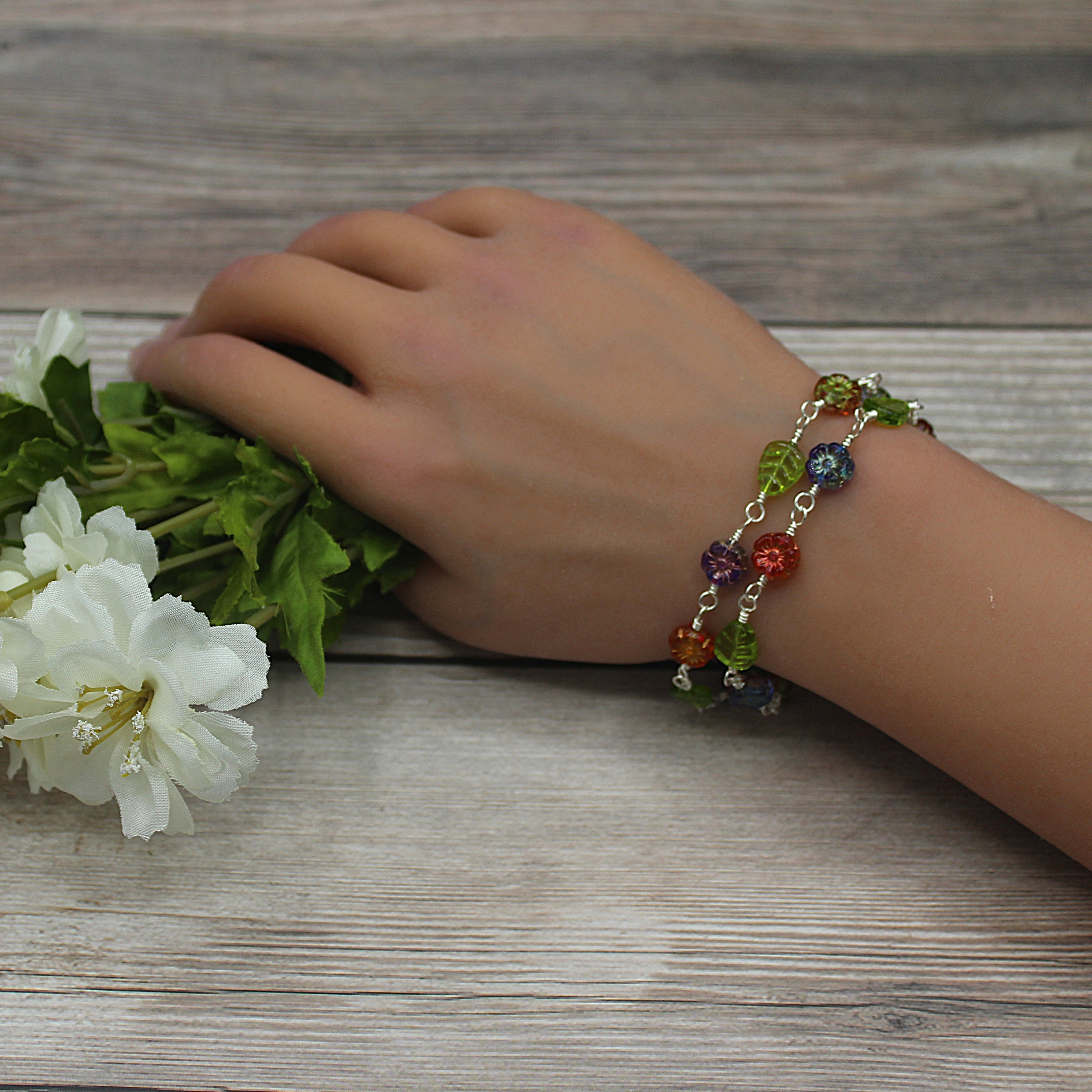 Handcrafted Two Strand Floral and Leaf Glass Bracelet in Silver Plated Copper, 6.75"