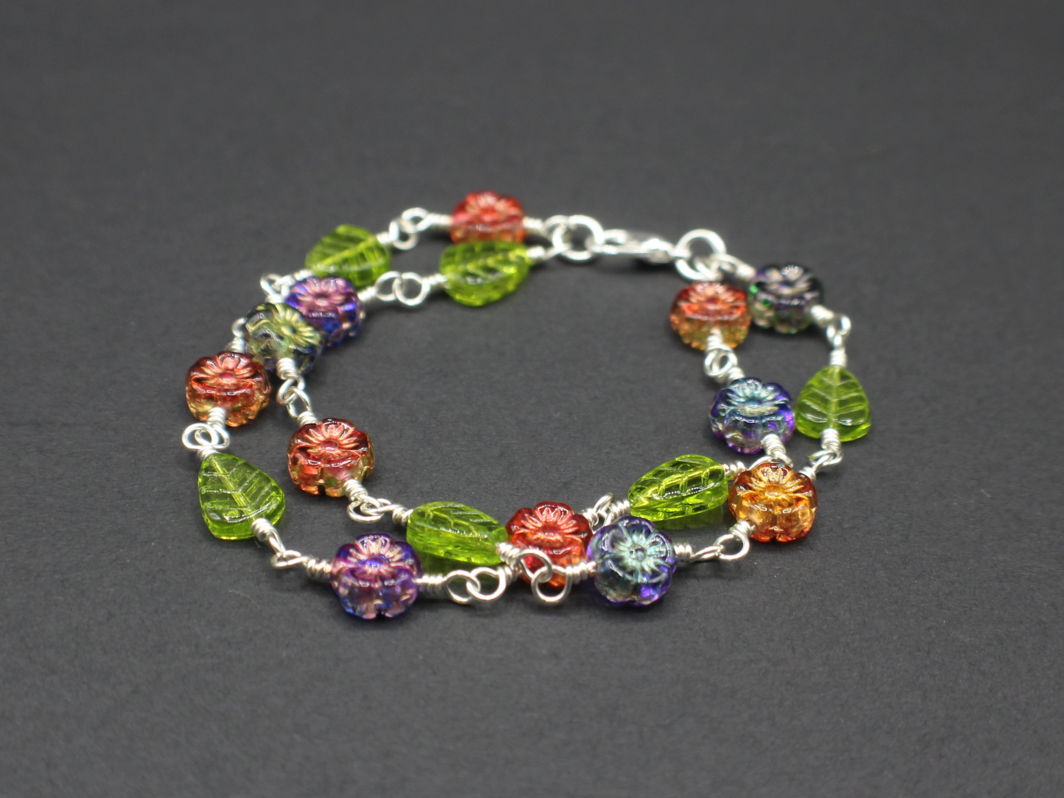 Handcrafted Two Strand Floral and Leaf Glass Bracelet in Silver Plated Copper, 6.75"